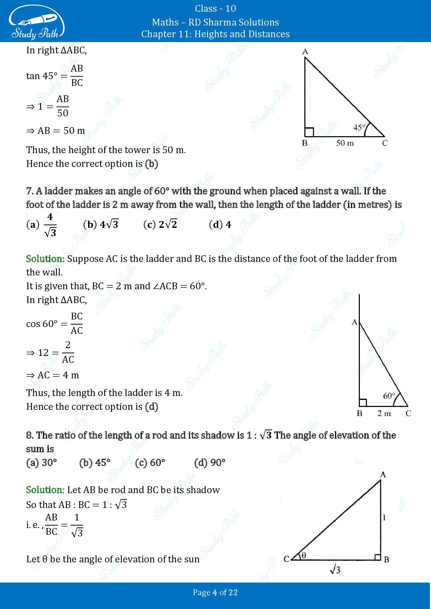 RD Sharma Solutions Class 10 Chapter 11 Heights and Distances Multiple Choice Questions MCQs 00004