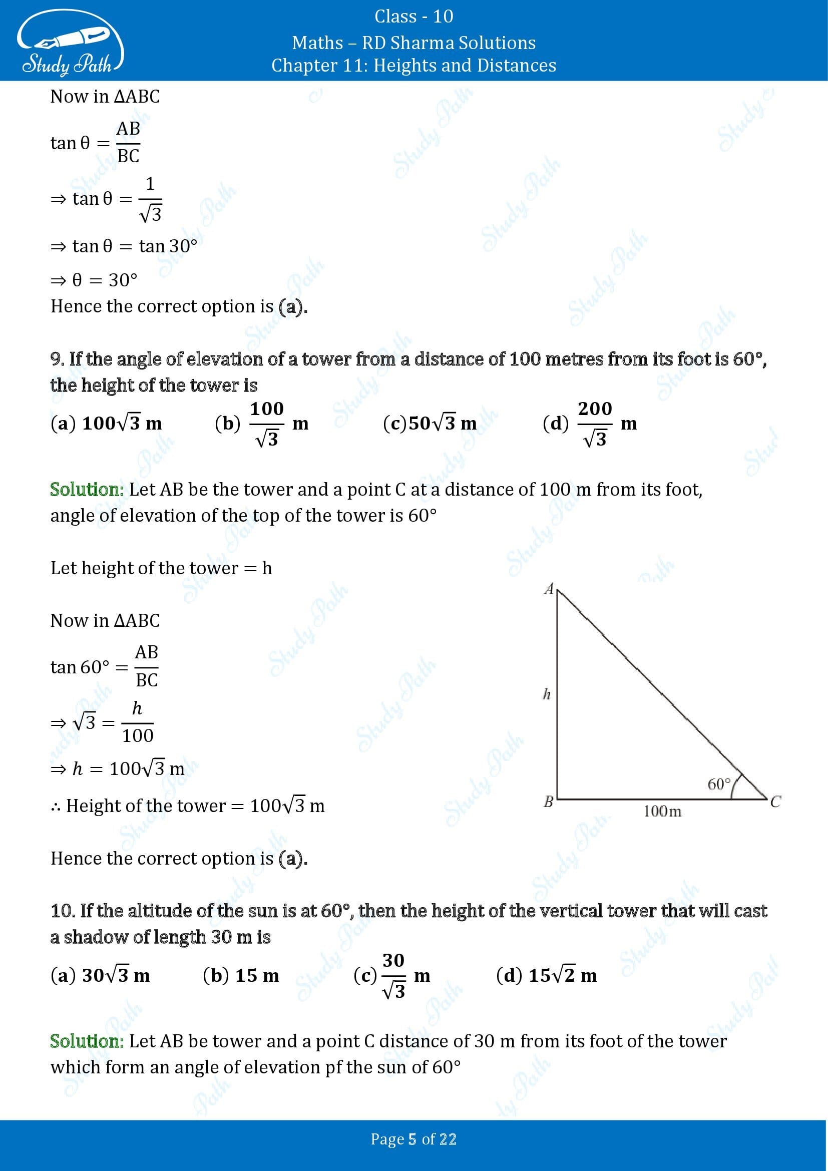 RD Sharma Solutions Class 10 Chapter 11 Heights and Distances Multiple Choice Questions MCQs 00005