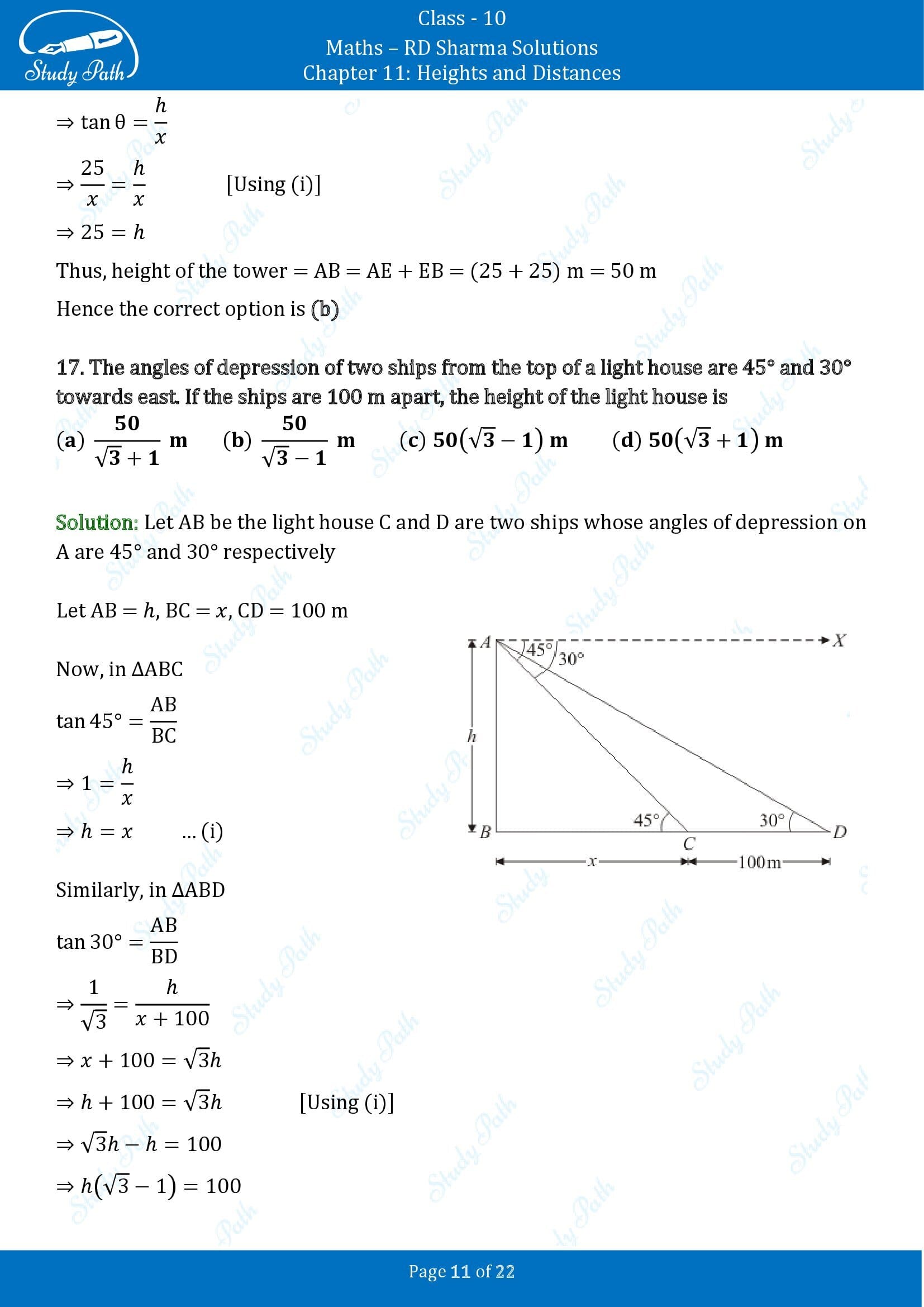 RD Sharma Solutions Class 10 Chapter 11 Heights and Distances Multiple Choice Questions MCQs 00011