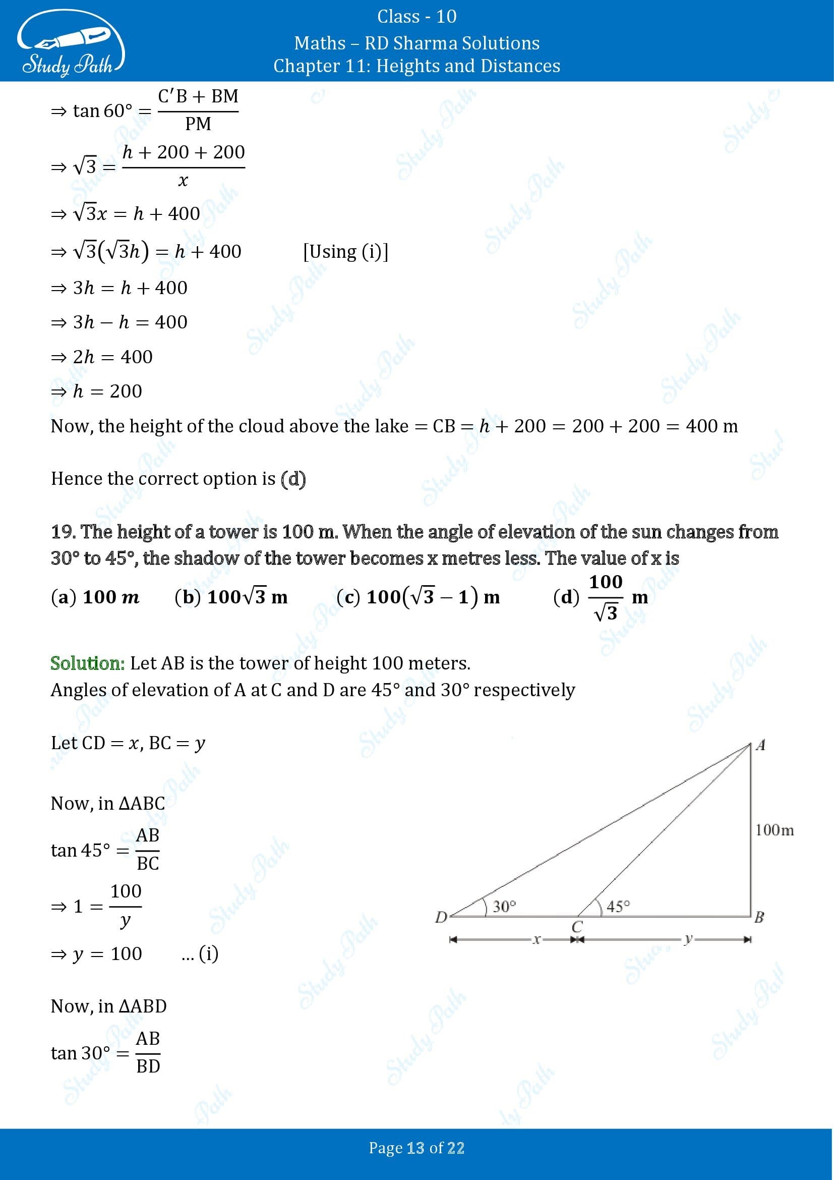 RD Sharma Solutions Class 10 Chapter 11 Heights and Distances Multiple Choice Questions MCQs 00013