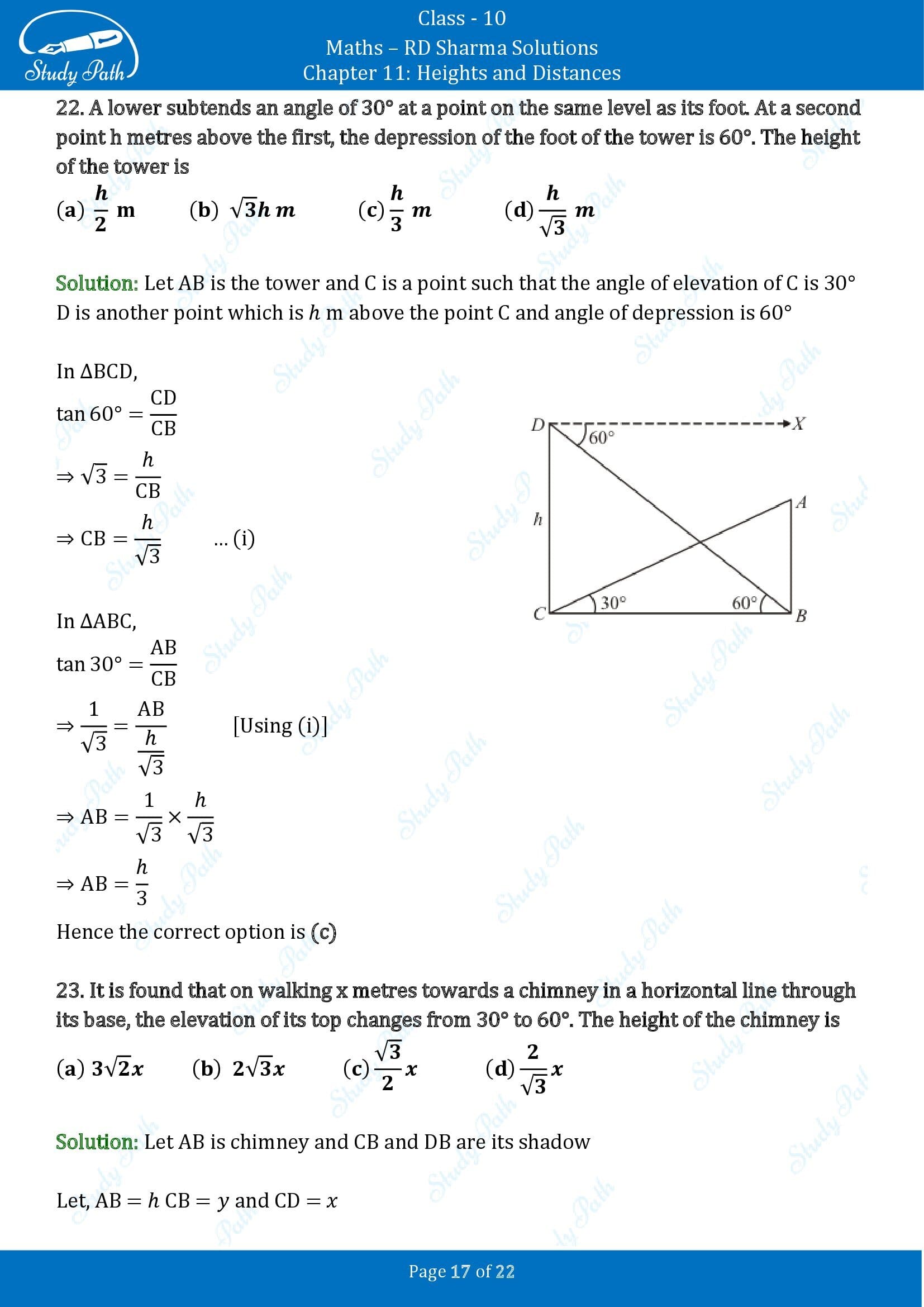 RD Sharma Solutions Class 10 Chapter 11 Heights and Distances Multiple Choice Questions MCQs 00017