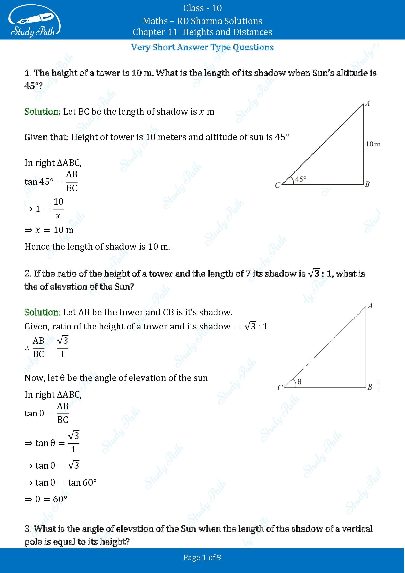 RD Sharma Solutions Class 10 Chapter 11 Heights and Distances Very Short Answer Type Questions VSAQs 00001