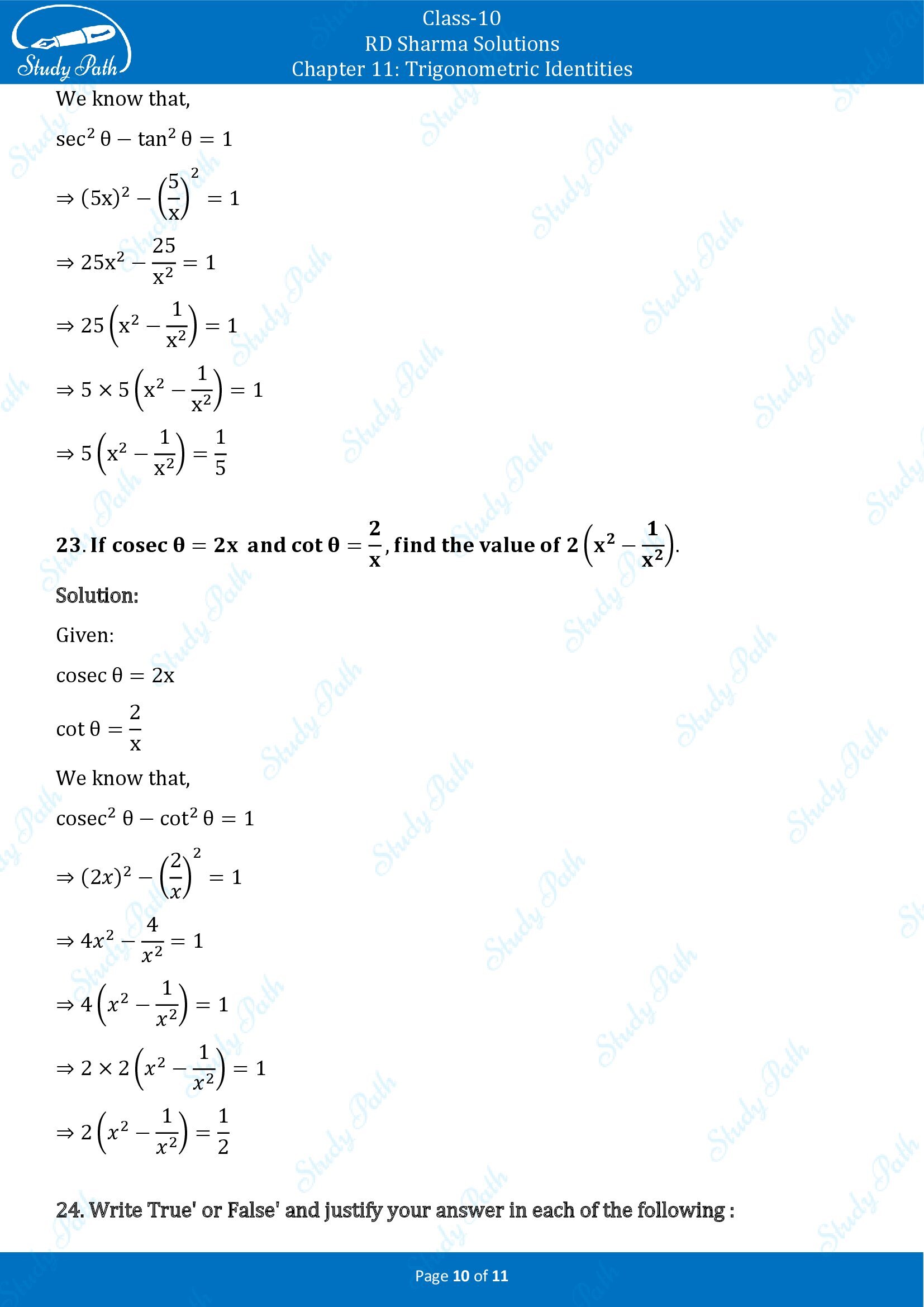 RD Sharma Solutions Class 10 Chapter 11 Trigonometric Identities Very Short Answer Type Questions VSAQs 00010