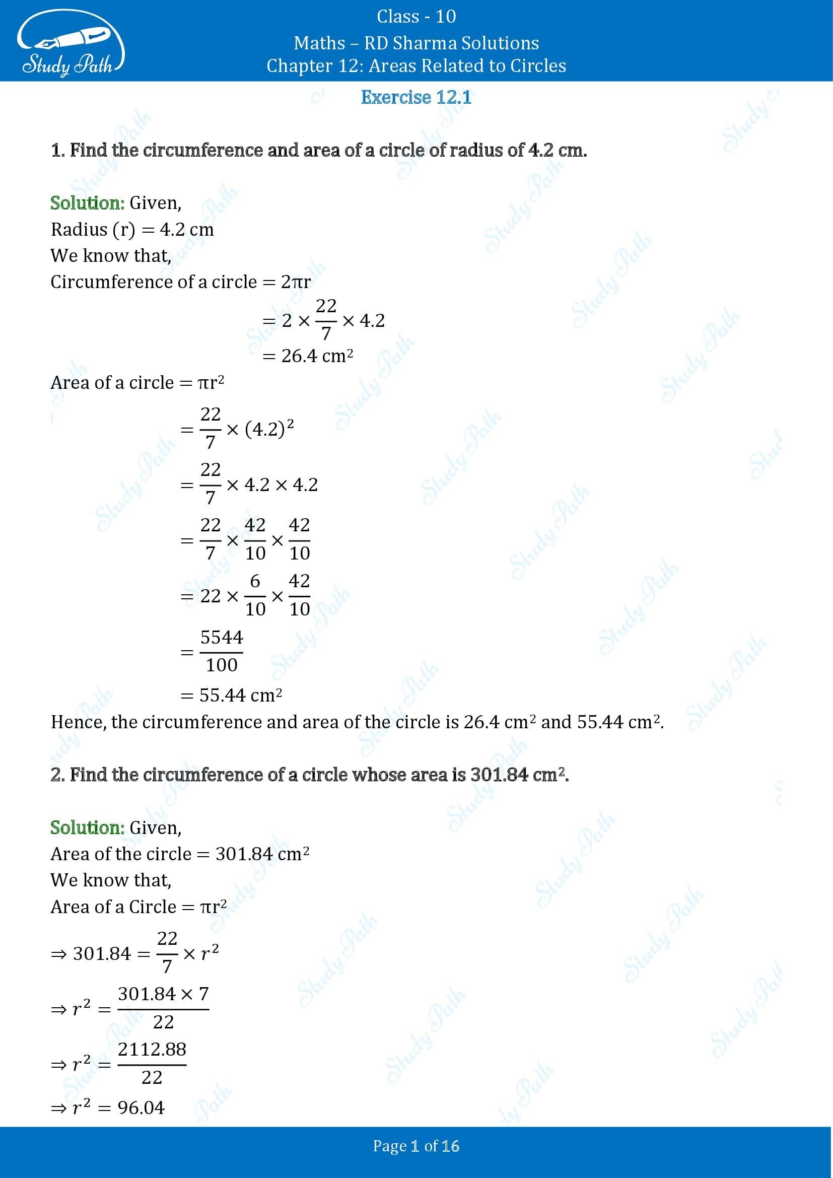 RD Sharma Solutions Class 10 Chapter 12 Areas Related to Circles Exercise 12.1 00001