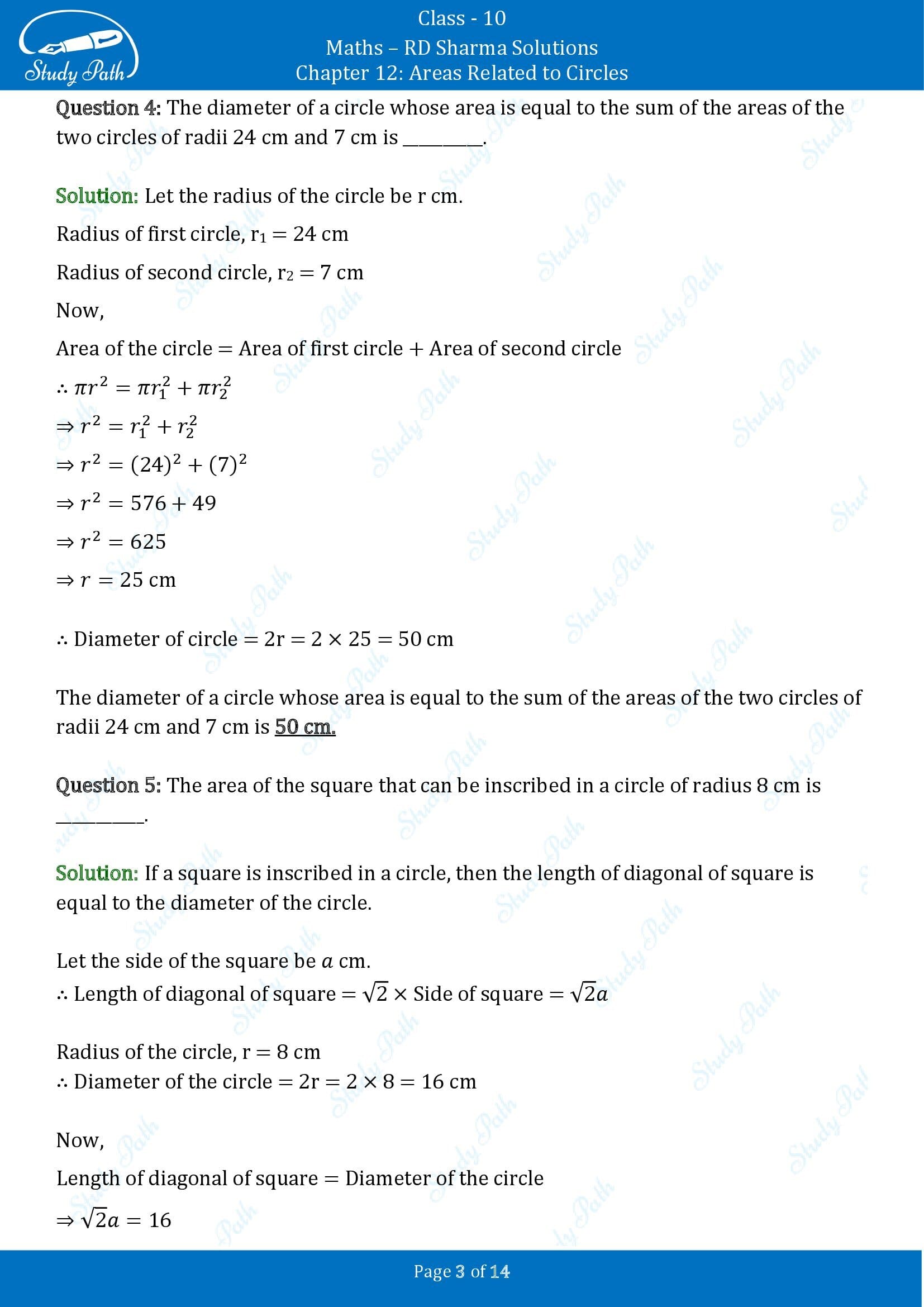 RD Sharma Solutions Class 10 Chapter 12 Areas Related to Circles Fill in the Blank Type Questions FBQs 00003