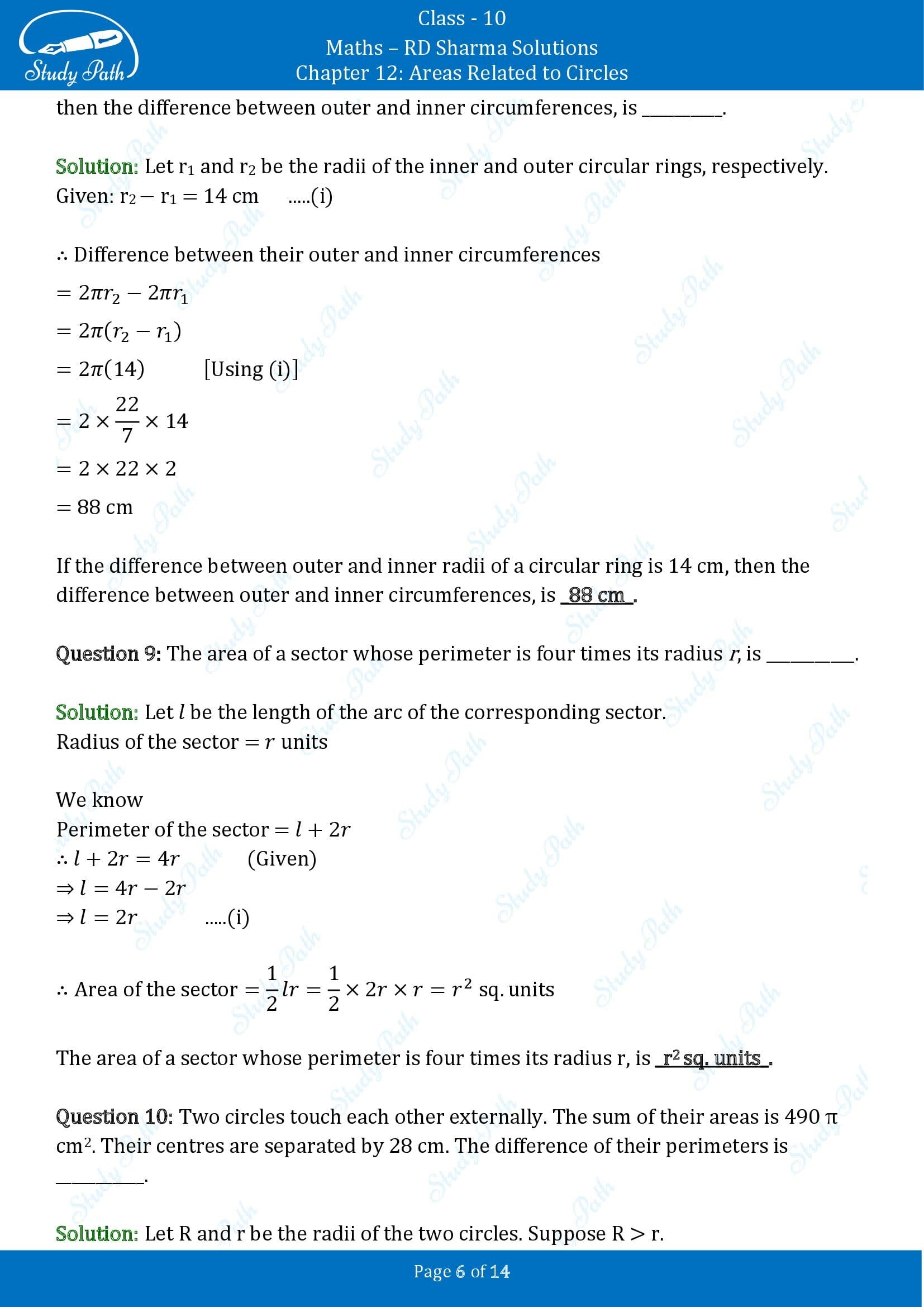 RD Sharma Solutions Class 10 Chapter 12 Areas Related to Circles Fill in the Blank Type Questions FBQs 00006