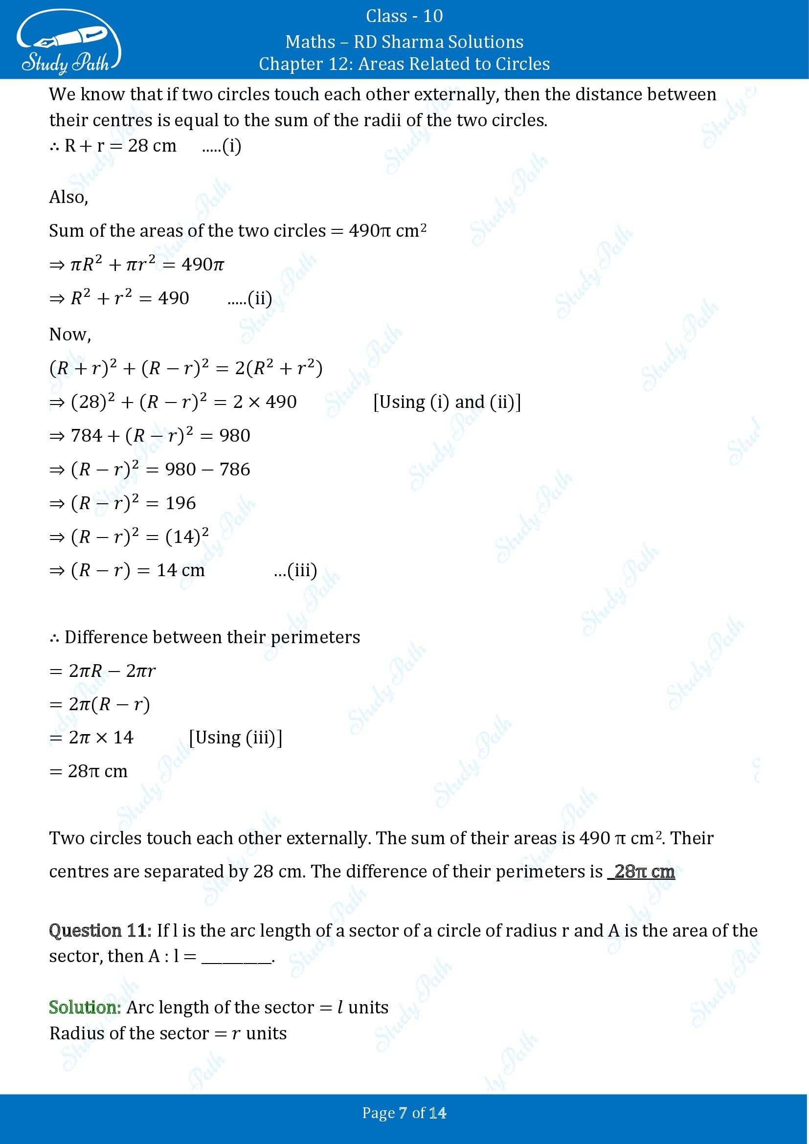 RD Sharma Solutions Class 10 Chapter 12 Areas Related to Circles Fill in the Blank Type Questions FBQs 00007