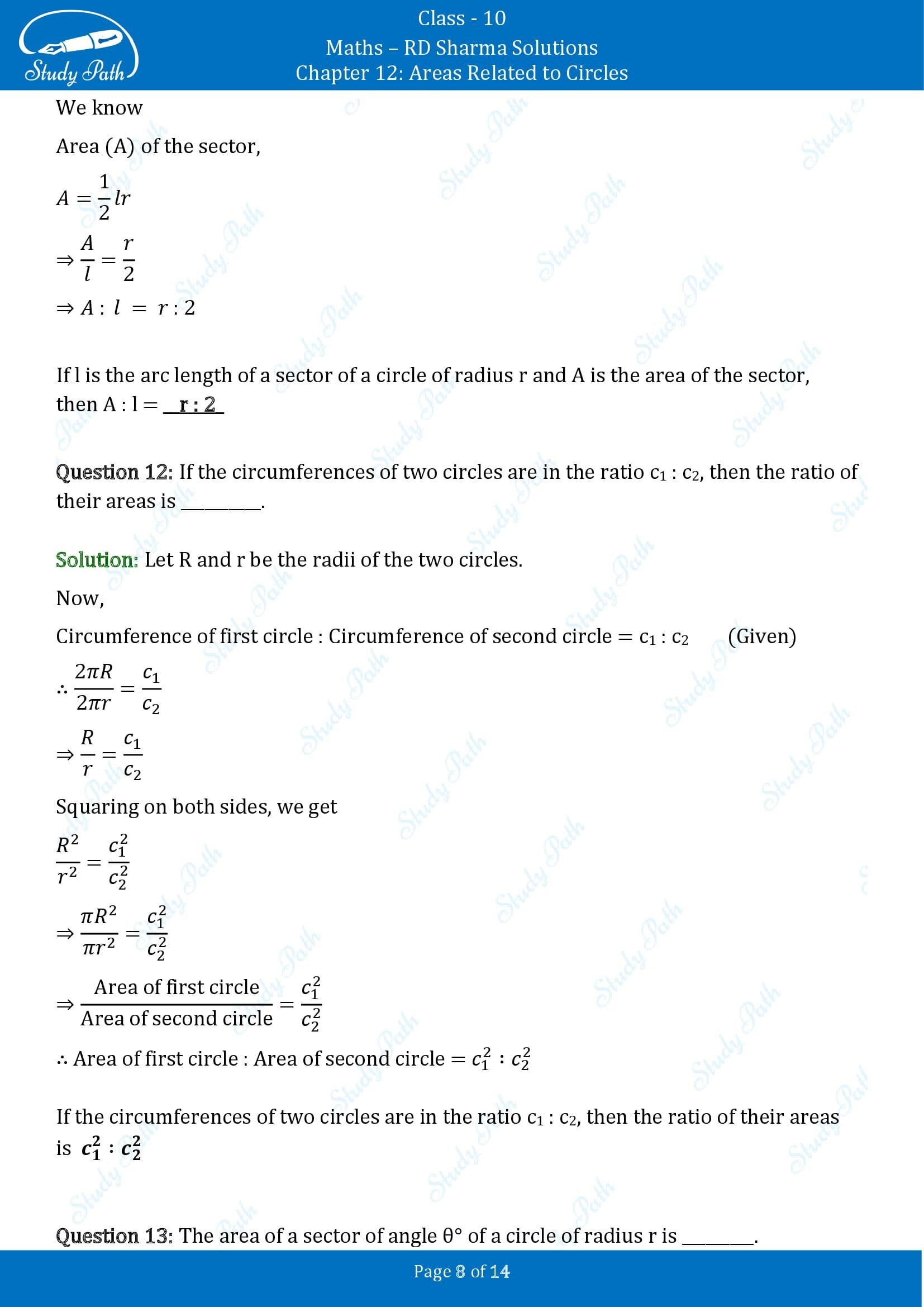 RD Sharma Solutions Class 10 Chapter 12 Areas Related to Circles Fill in the Blank Type Questions FBQs 00008