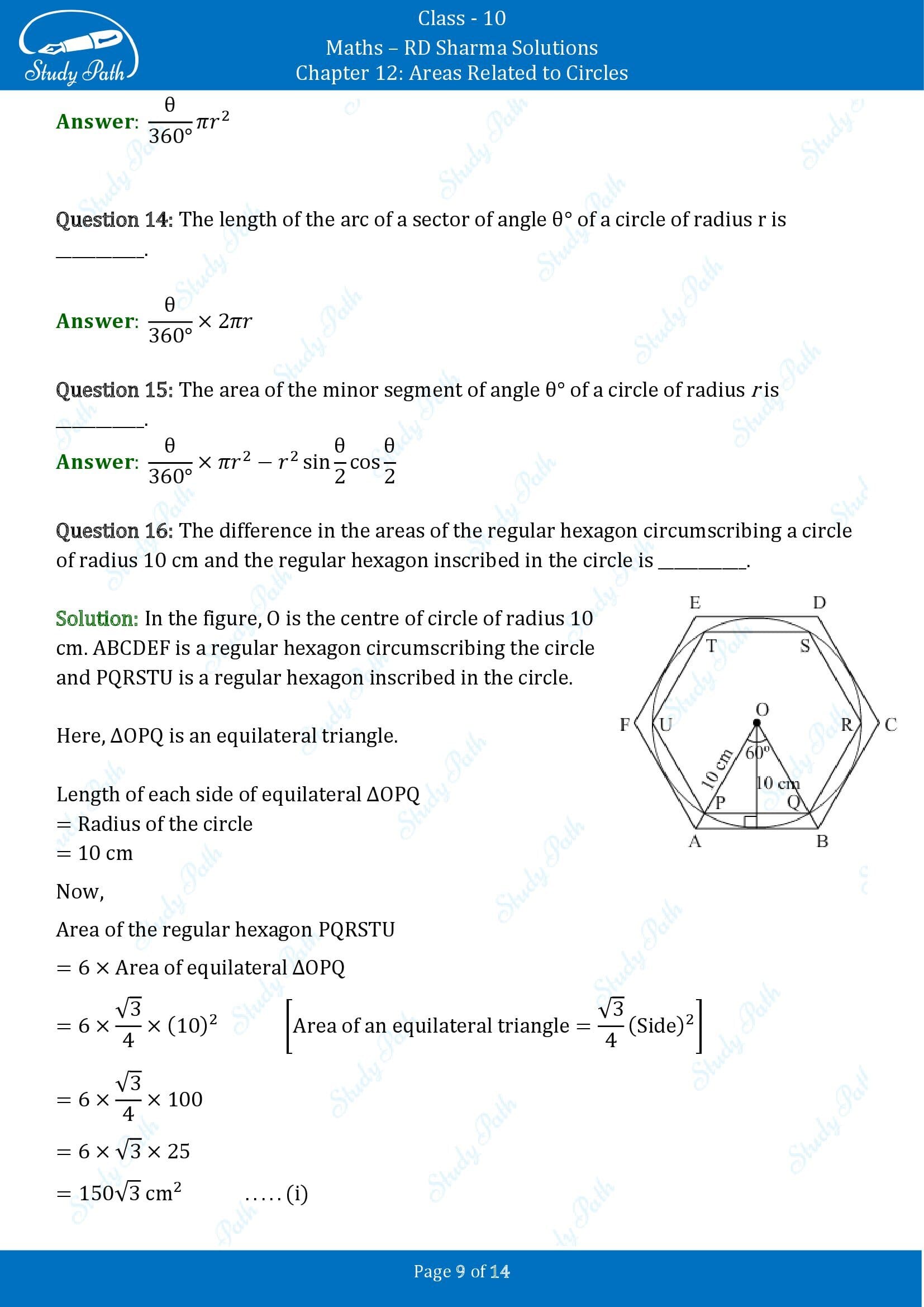 RD Sharma Solutions Class 10 Chapter 12 Areas Related to Circles Fill in the Blank Type Questions FBQs 00009