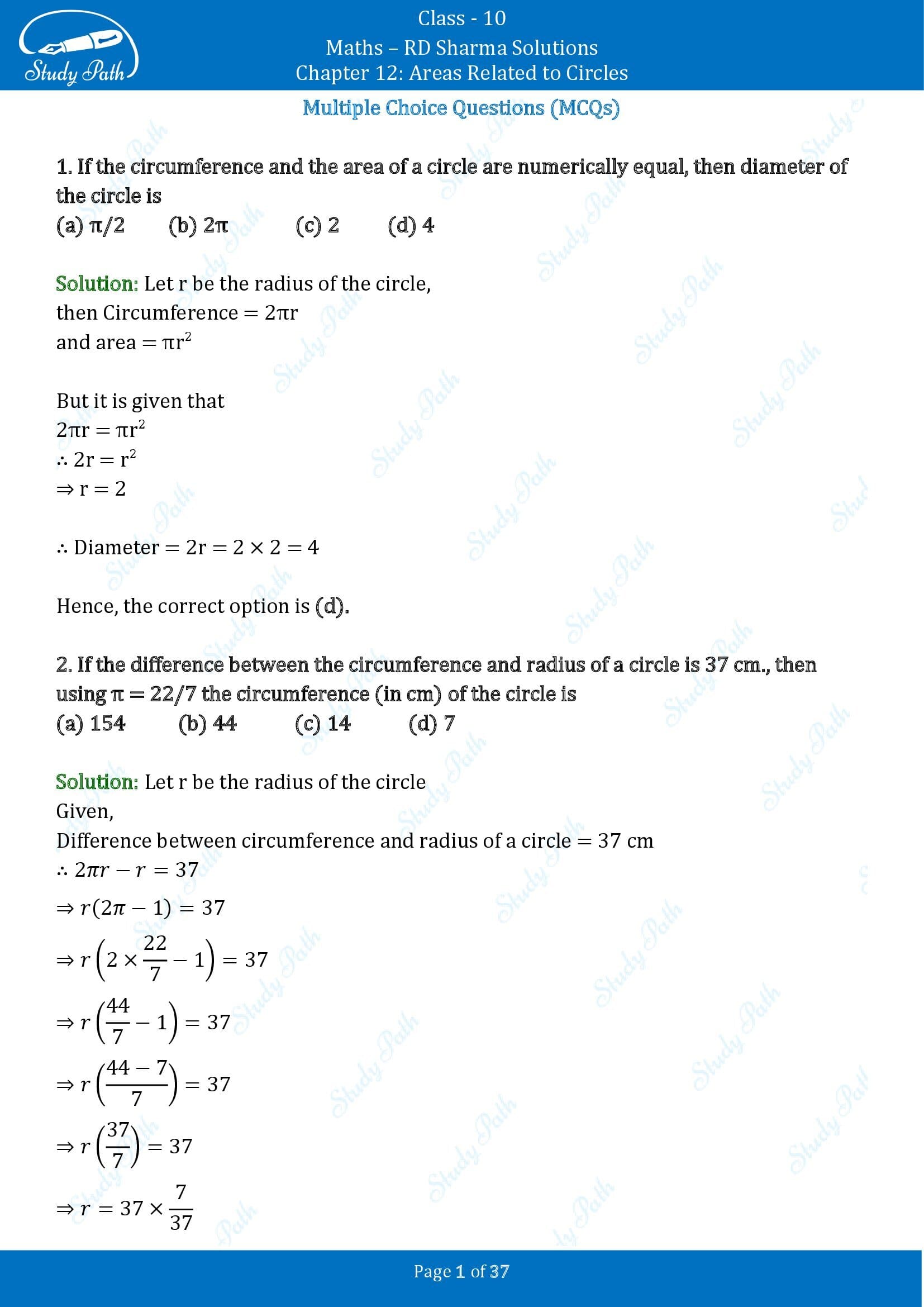 RD Sharma Solutions Class 10 Chapter 12 Areas Related to Circles Multiple Choice Questions MCQs 00001