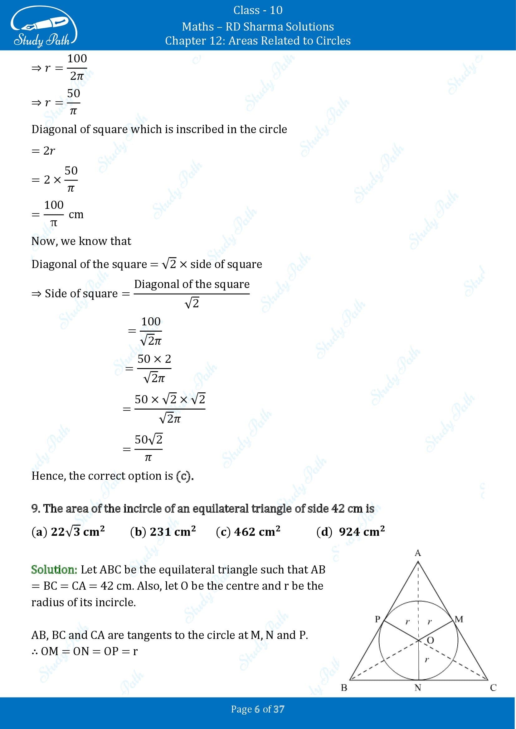 RD Sharma Solutions Class 10 Chapter 12 Areas Related to Circles Multiple Choice Questions MCQs 00006