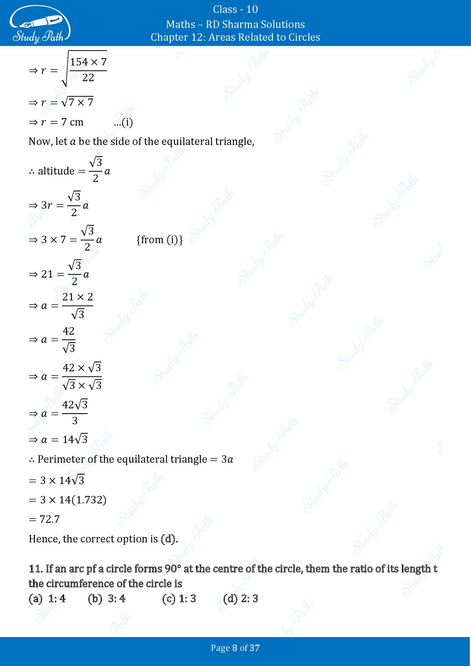 RD Sharma Solutions Class 10 Chapter 12 Areas Related to Circles Multiple Choice Questions MCQs 00008