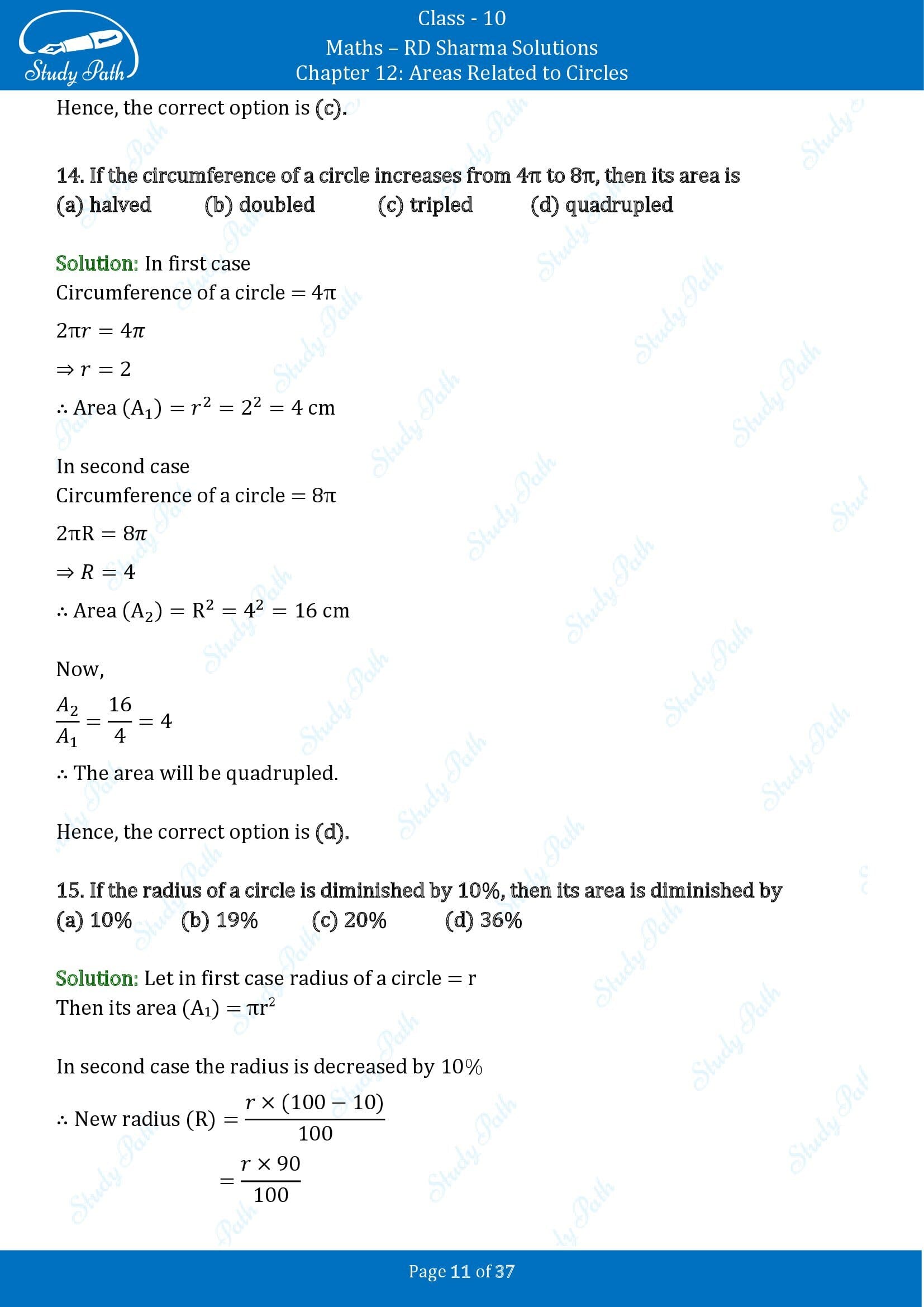 RD Sharma Solutions Class 10 Chapter 12 Areas Related to Circles Multiple Choice Questions MCQs 00011