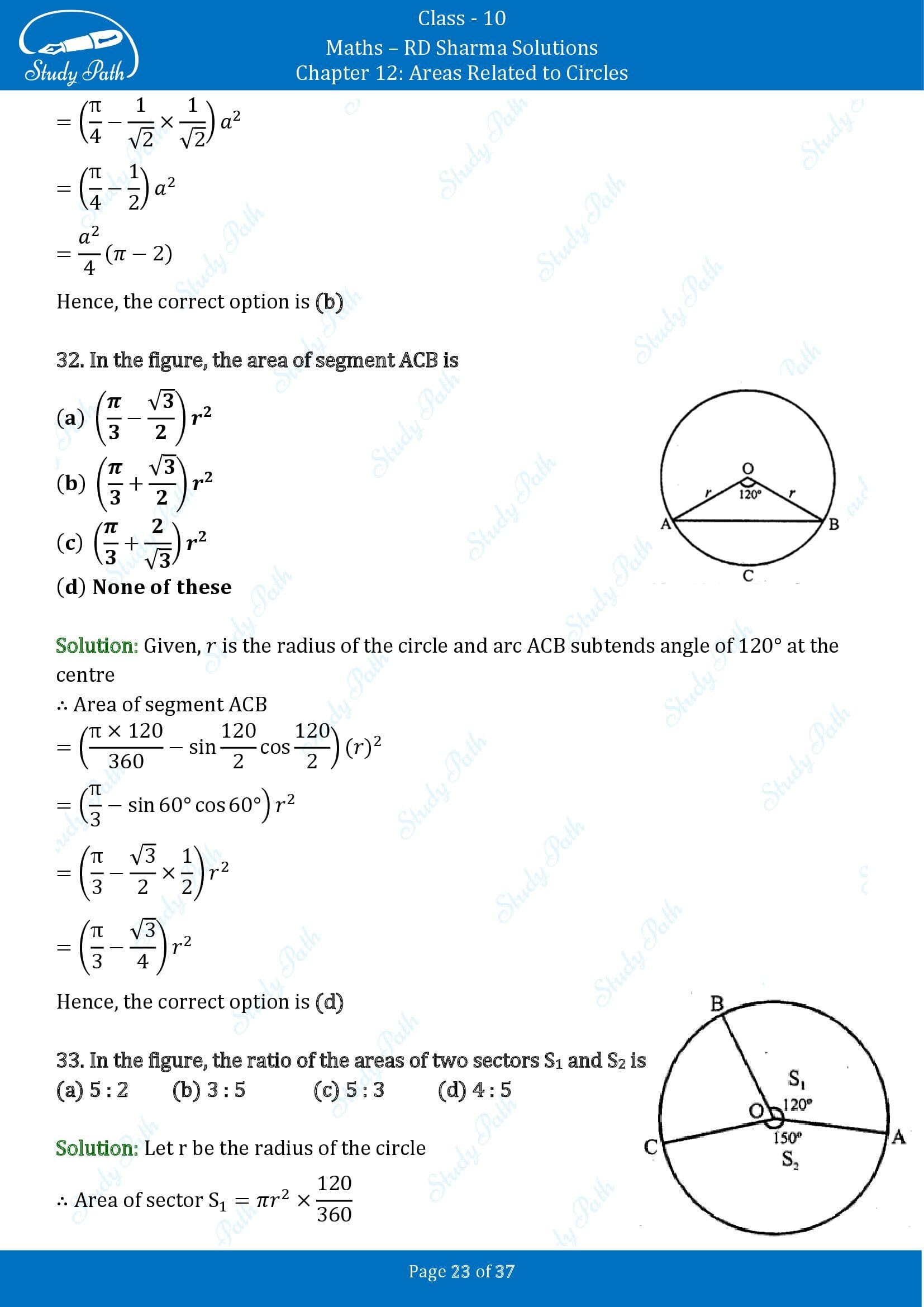 RD Sharma Solutions Class 10 Chapter 12 Areas Related to Circles Multiple Choice Questions MCQs 00023