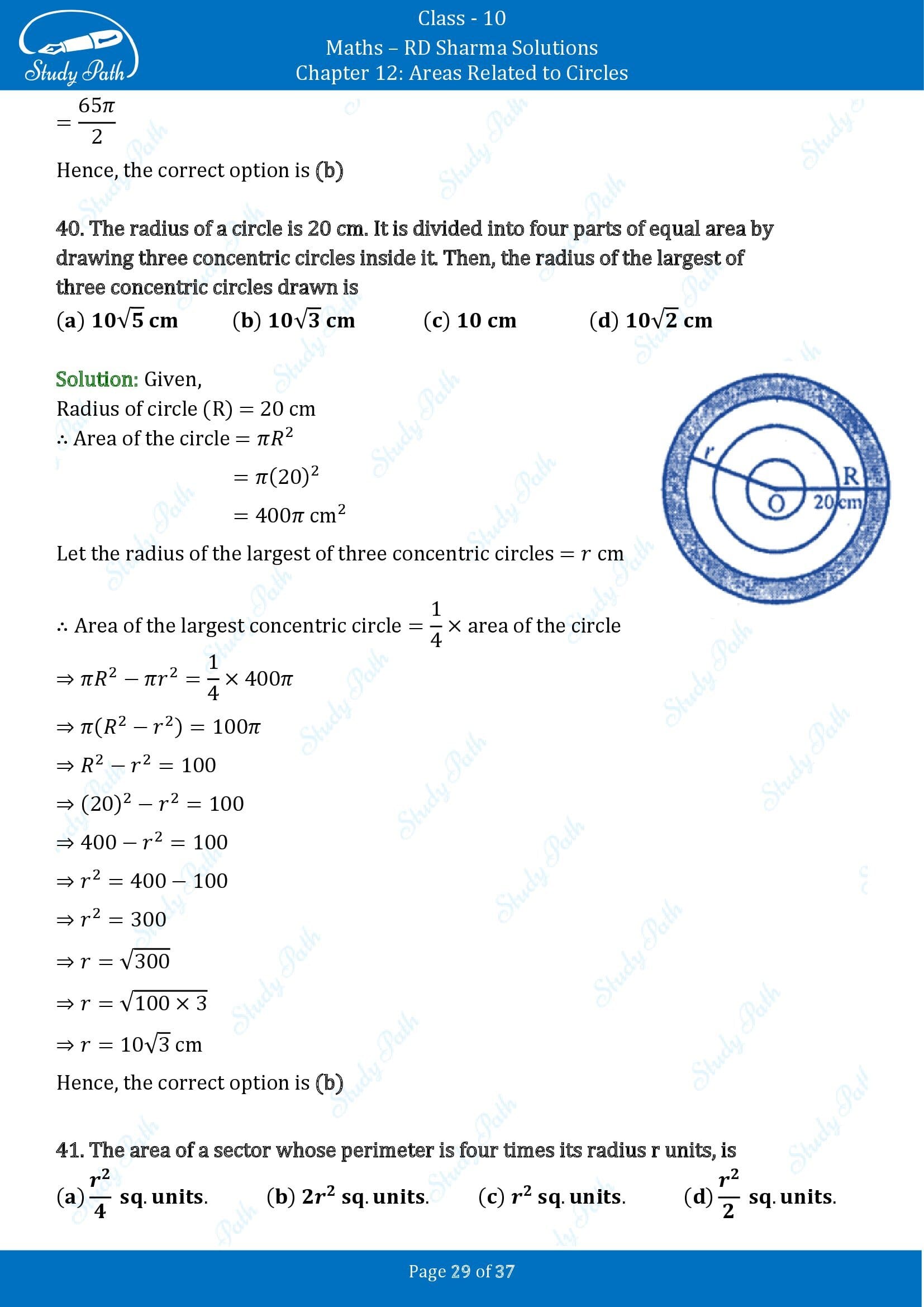 RD Sharma Solutions Class 10 Chapter 12 Areas Related to Circles Multiple Choice Questions MCQs 00029