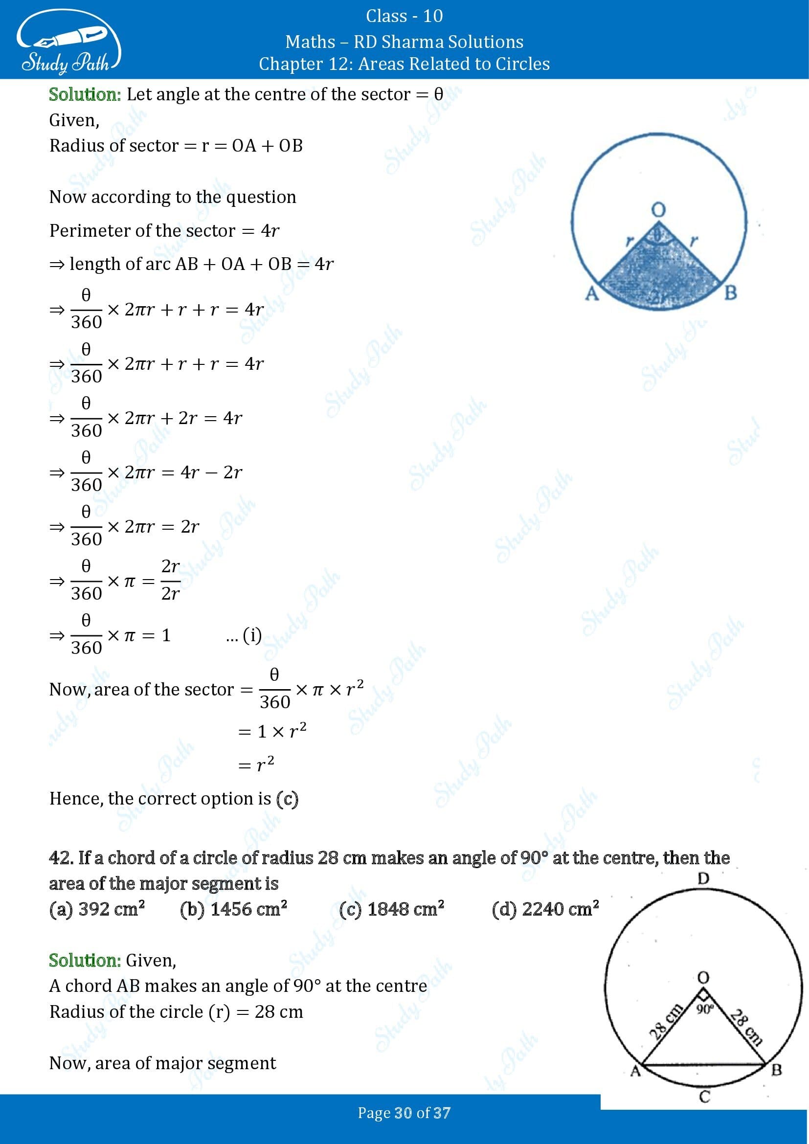 RD Sharma Solutions Class 10 Chapter 12 Areas Related to Circles Multiple Choice Questions MCQs 00030