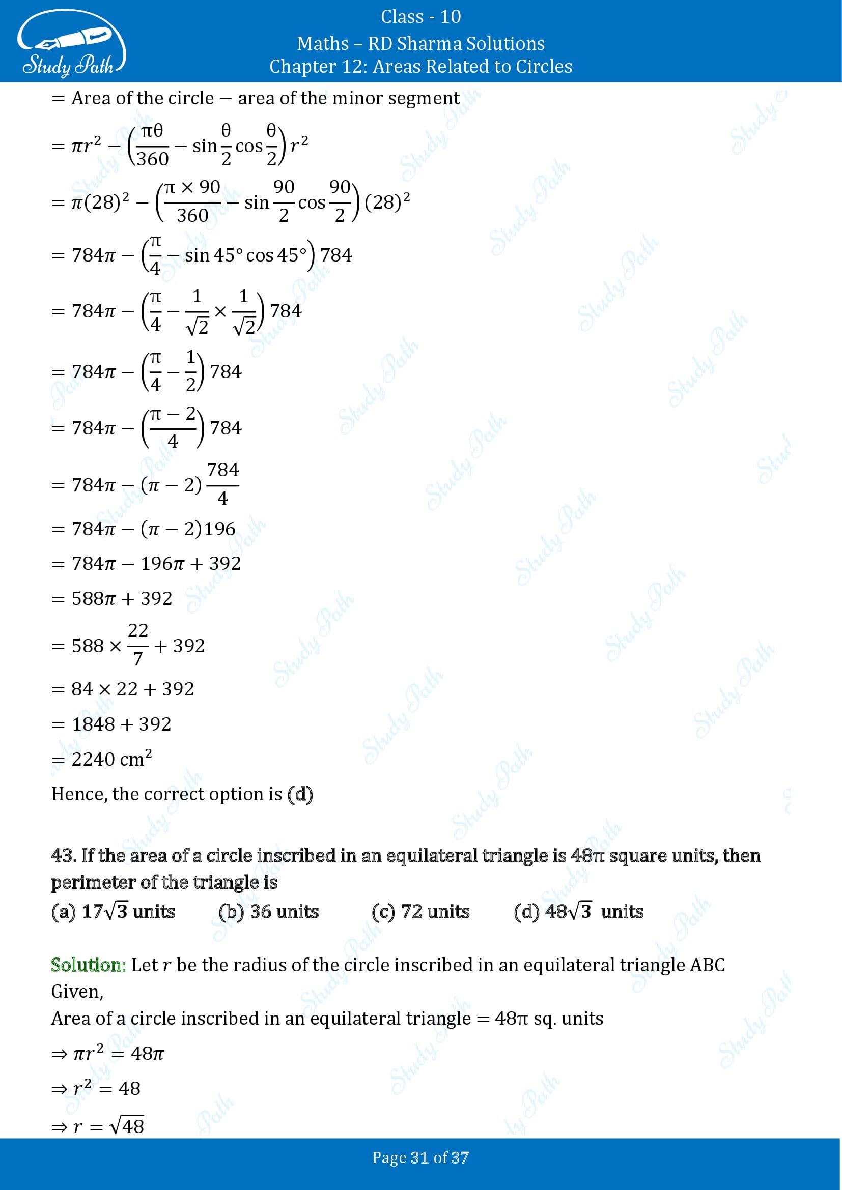 RD Sharma Solutions Class 10 Chapter 12 Areas Related to Circles Multiple Choice Questions MCQs 00031