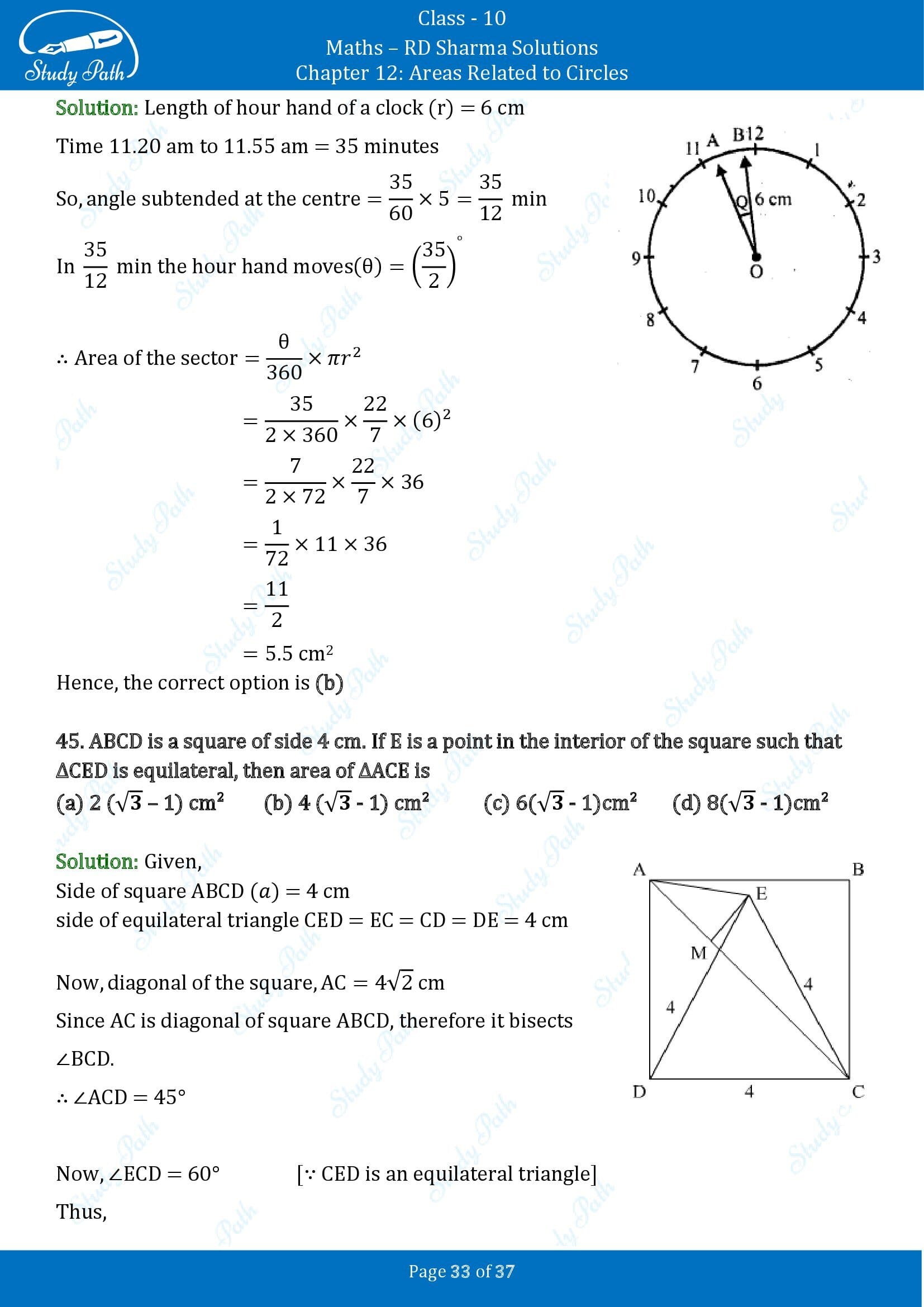 RD Sharma Solutions Class 10 Chapter 12 Areas Related to Circles Multiple Choice Questions MCQs 00033