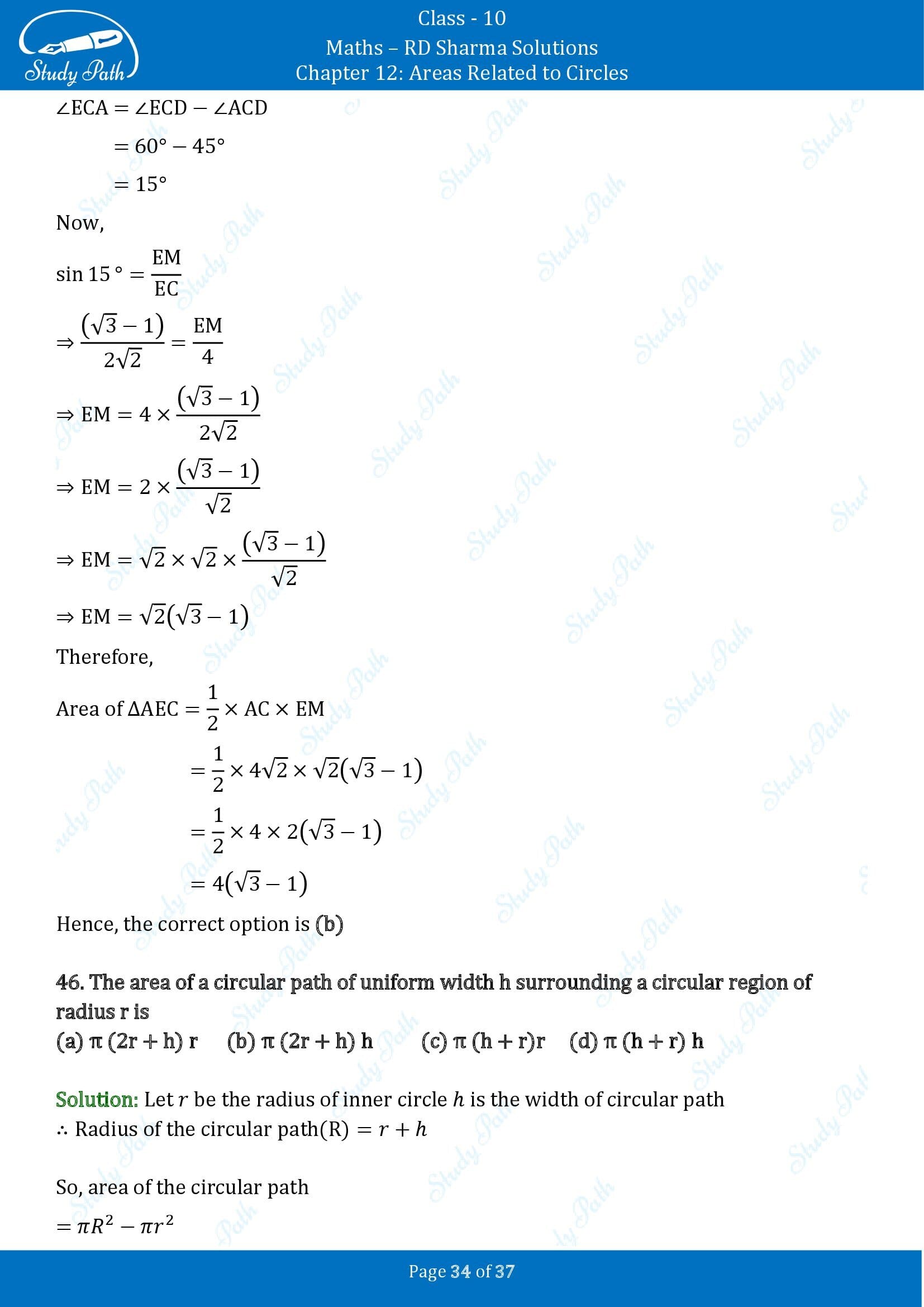 RD Sharma Solutions Class 10 Chapter 12 Areas Related to Circles Multiple Choice Questions MCQs 00034