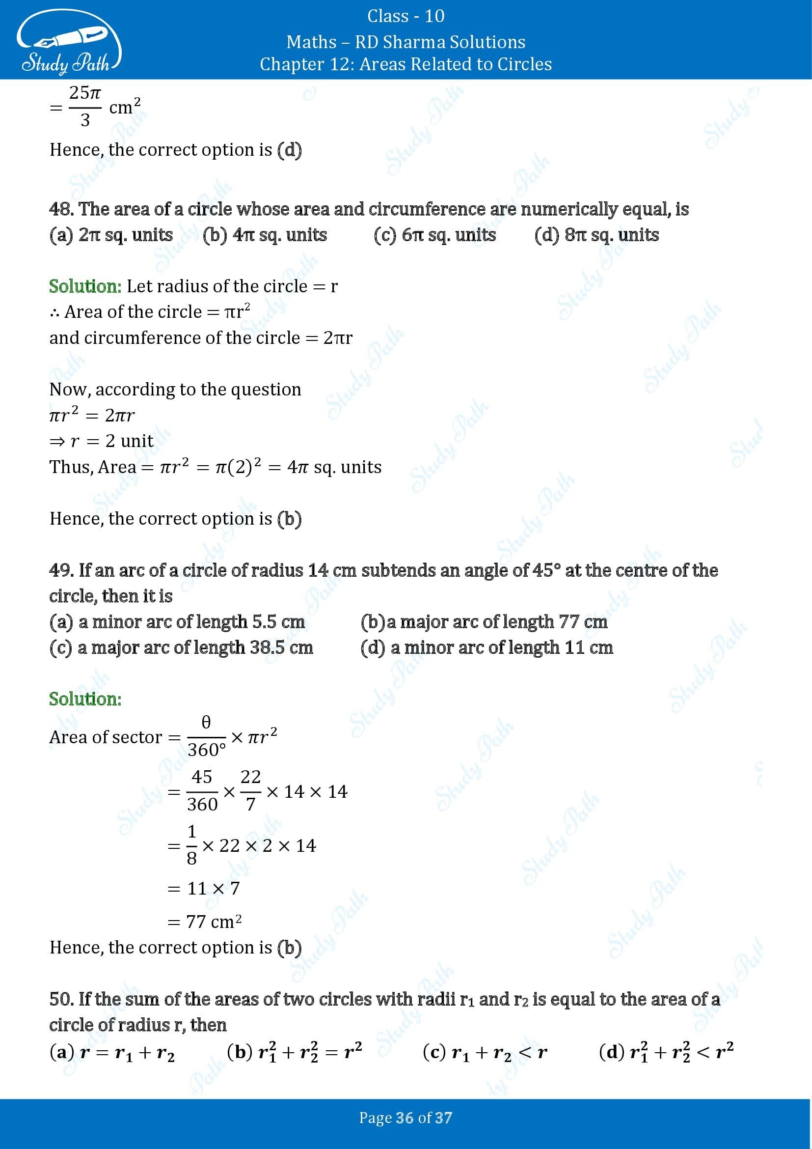 RD Sharma Solutions Class 10 Chapter 12 Areas Related to Circles Multiple Choice Questions MCQs 00036