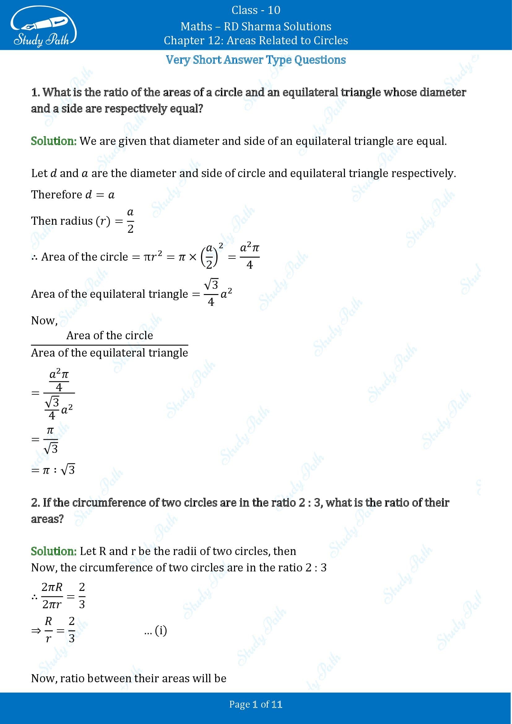 RD Sharma Solutions Class 10 Chapter 12 Areas Related to Circles Very Short Answer Type Questions VSAQs 00001