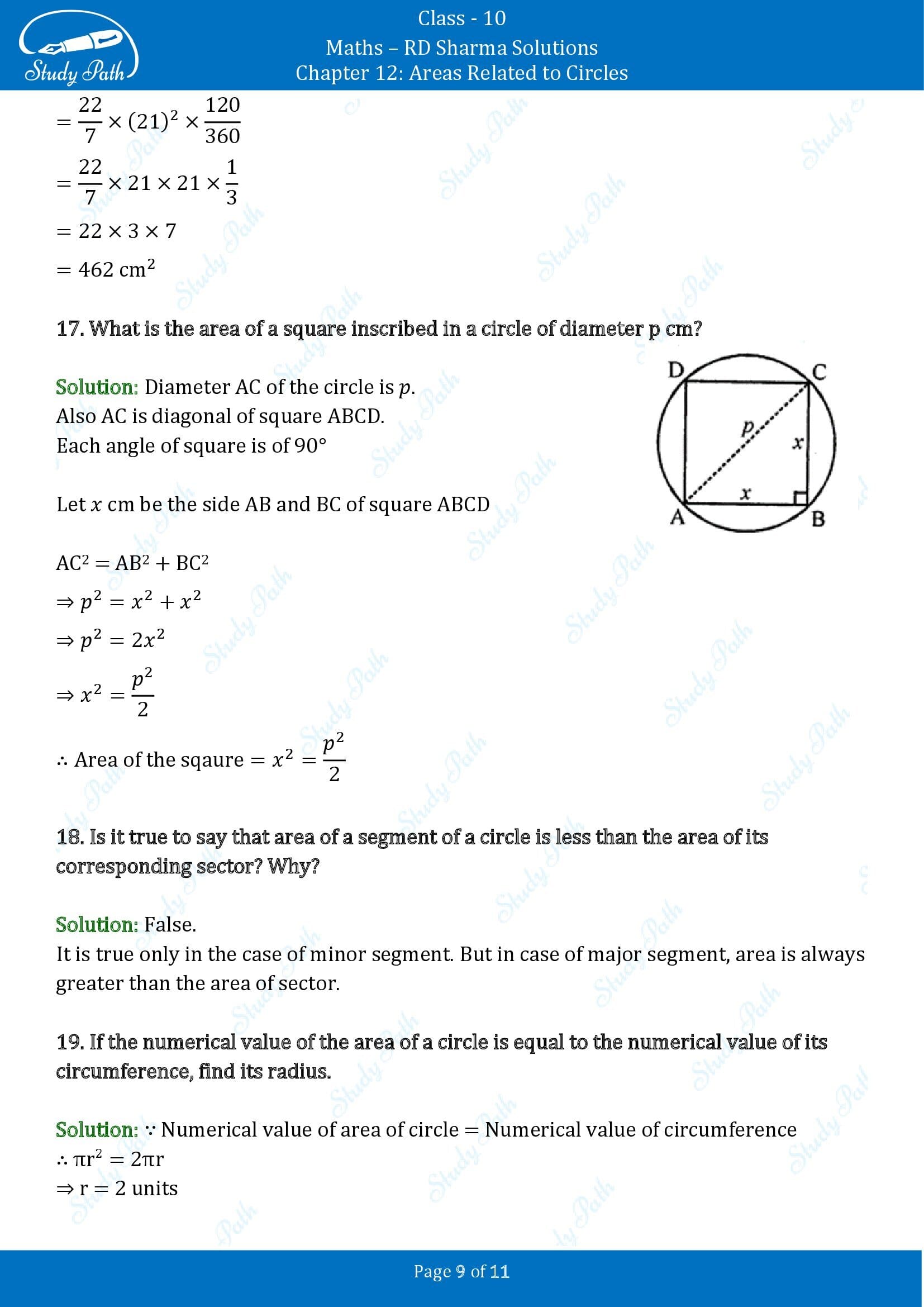 RD Sharma Solutions Class 10 Chapter 12 Areas Related to Circles Very Short Answer Type Questions VSAQs 00009