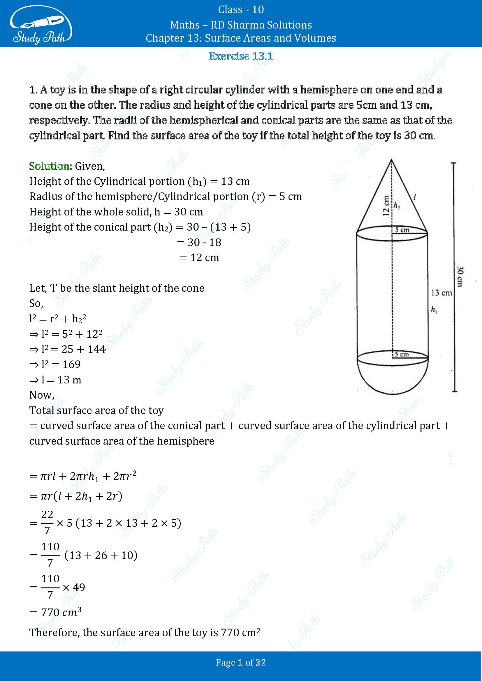 RD Sharma Solutions Class 10 Chapter 13 Surface Areas and Volumes Exercise 13.1 00001