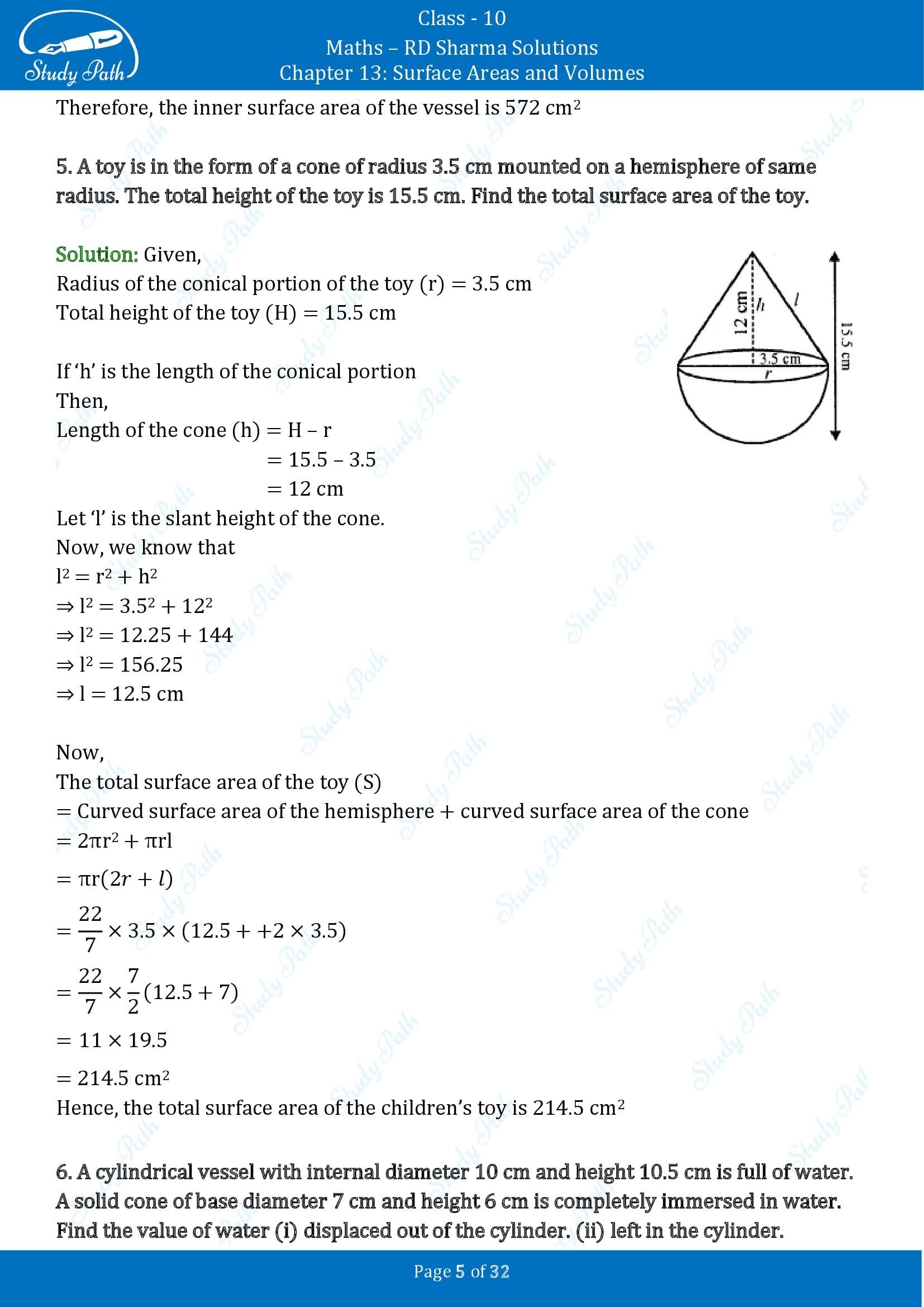 RD Sharma Solutions Class 10 Chapter 13 Surface Areas and Volumes Exercise 13.1 00005