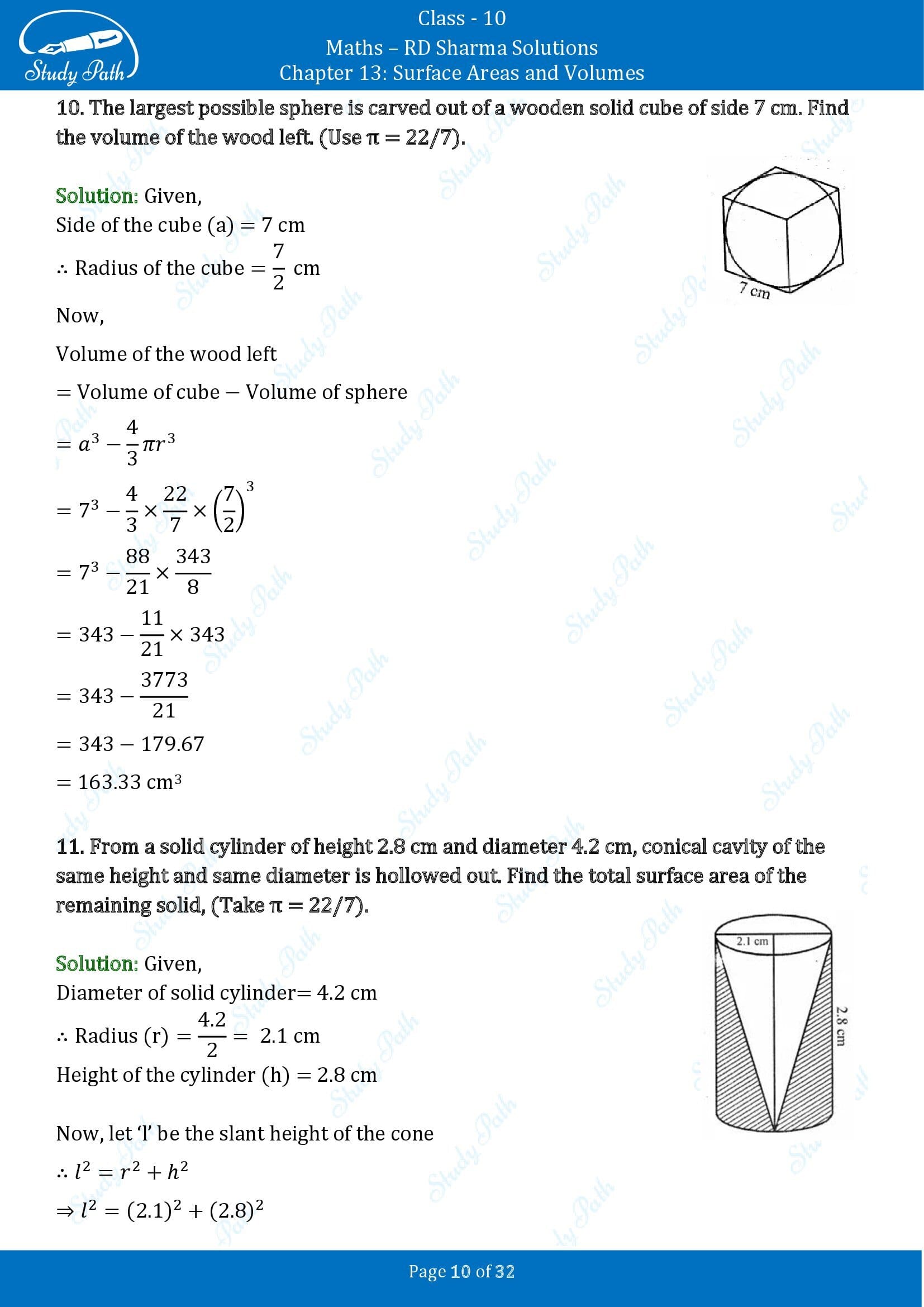 RD Sharma Solutions Class 10 Chapter 13 Surface Areas and Volumes Exercise 13.1 00010