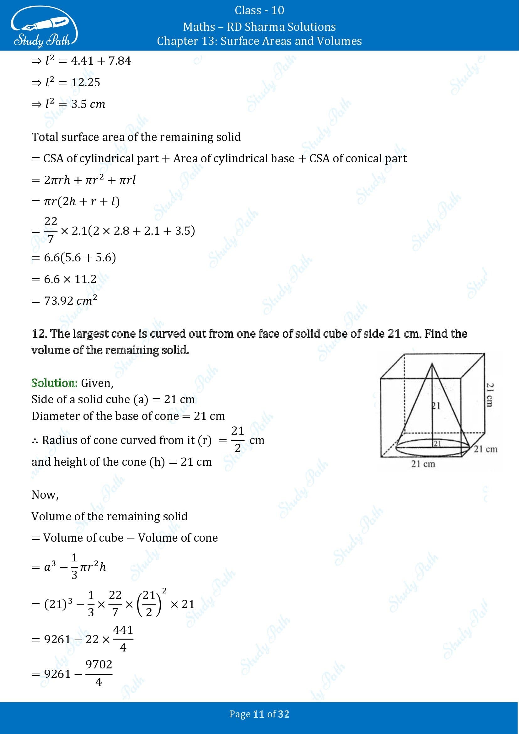 RD Sharma Solutions Class 10 Chapter 13 Surface Areas and Volumes Exercise 13.1 00011