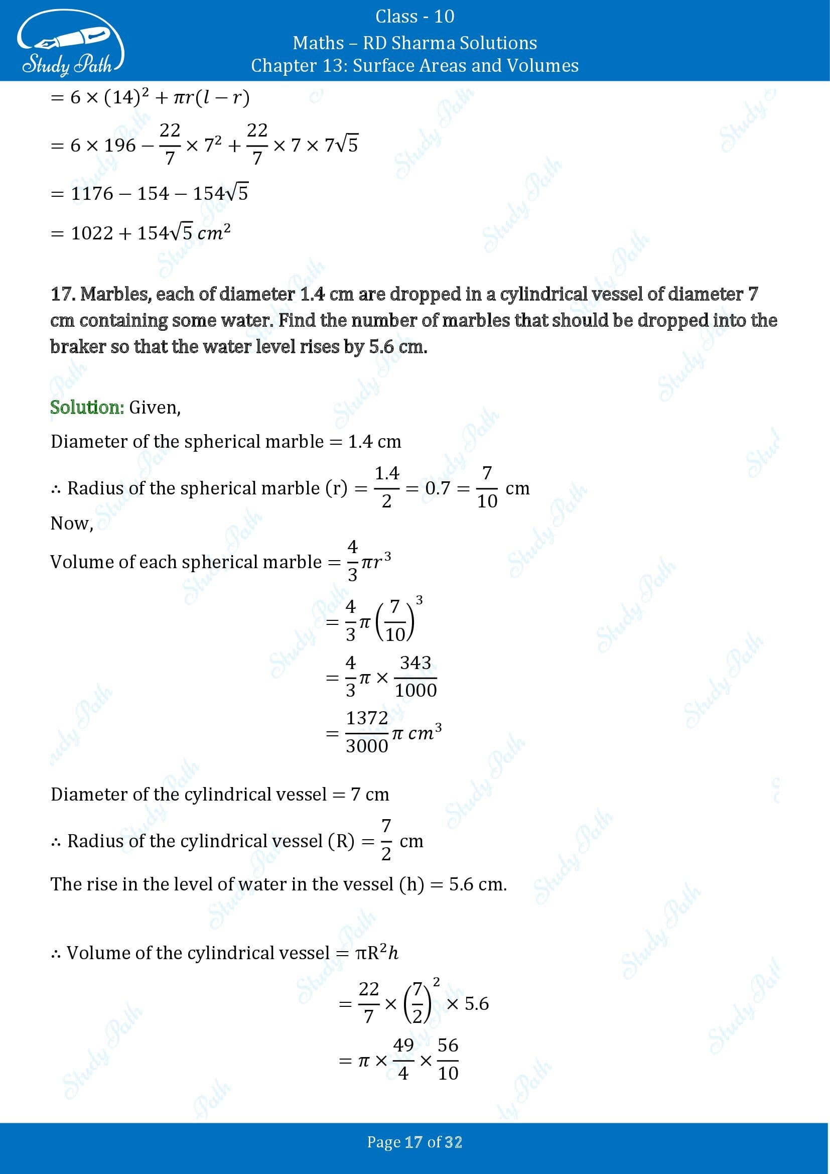 RD Sharma Solutions Class 10 Chapter 13 Surface Areas and Volumes Exercise 13.1 00017