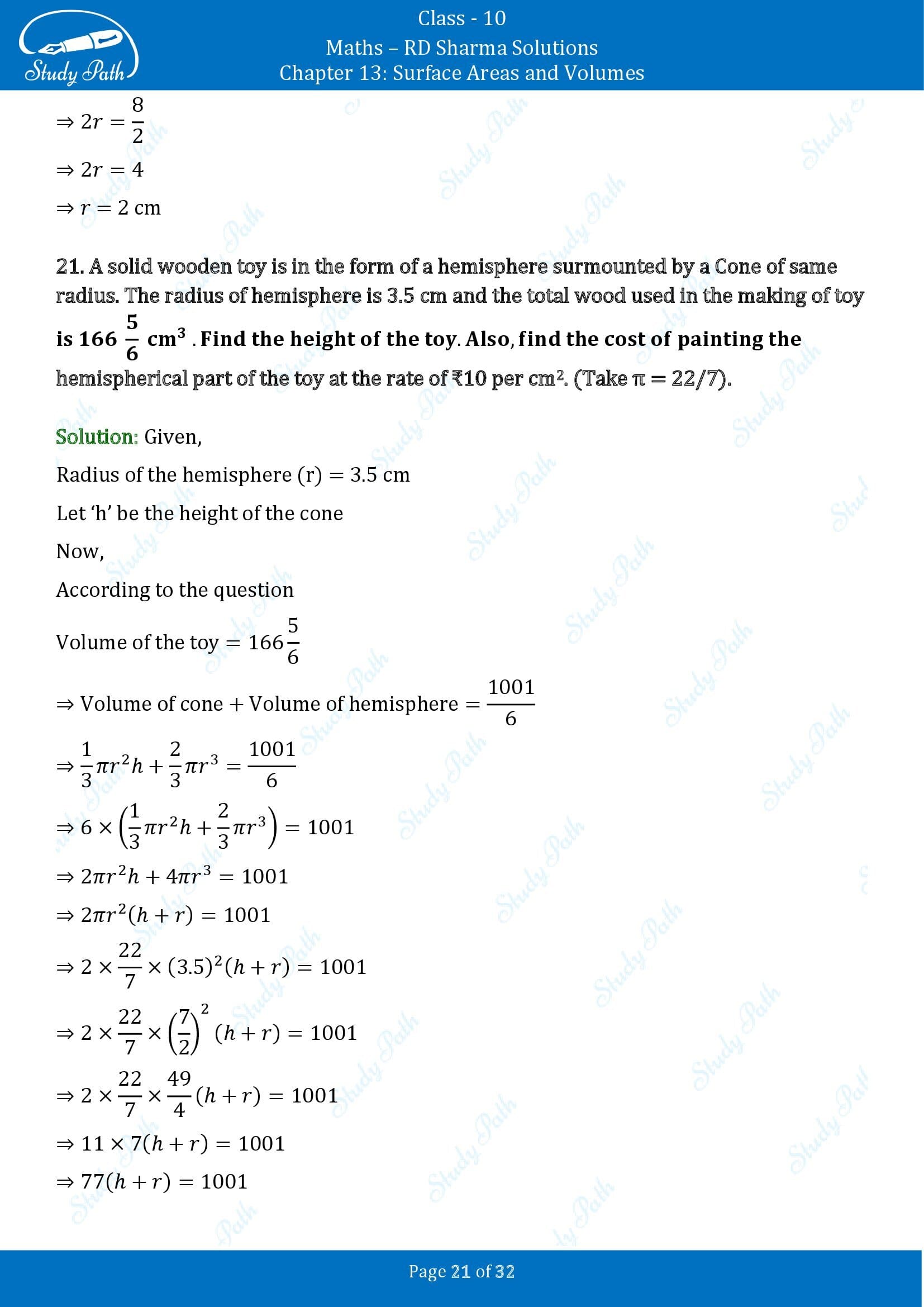 RD Sharma Solutions Class 10 Chapter 13 Surface Areas and Volumes Exercise 13.1 00021