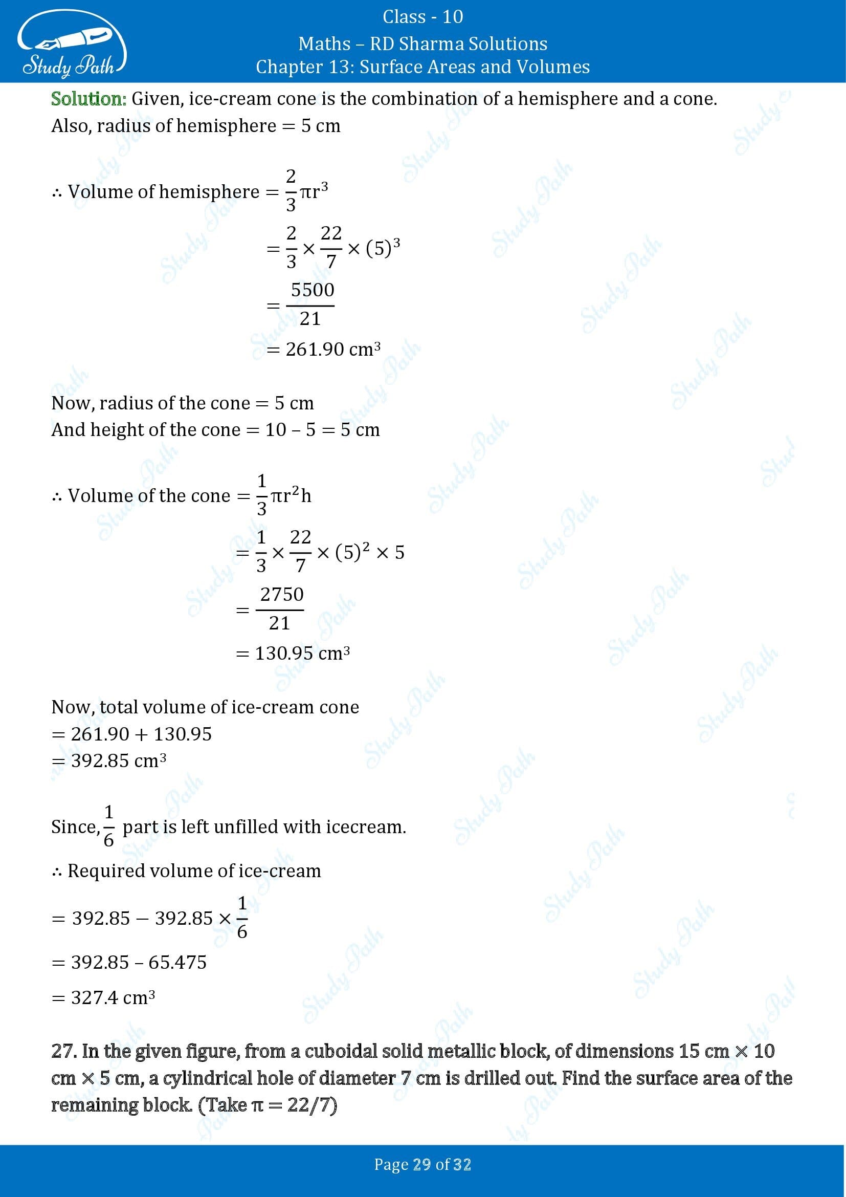 RD Sharma Solutions Class 10 Chapter 13 Surface Areas and Volumes Exercise 13.1 00029