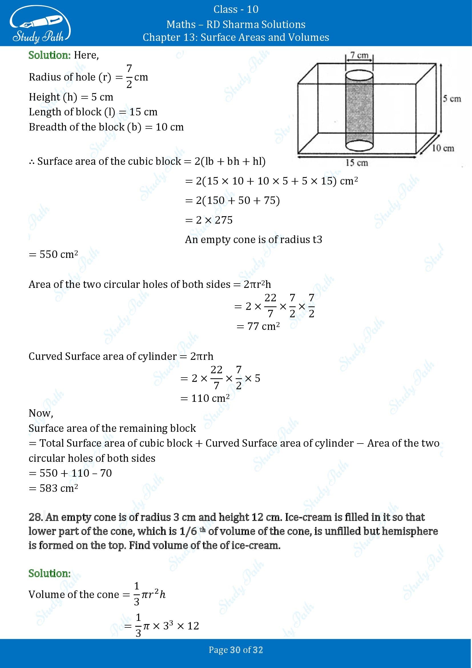 RD Sharma Solutions Class 10 Chapter 13 Surface Areas and Volumes Exercise 13.1 00030