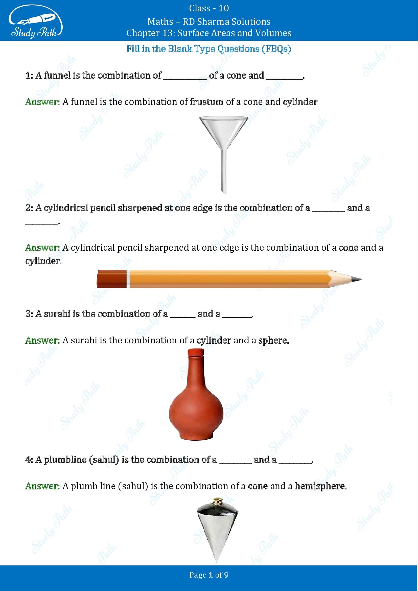 RD Sharma Solutions Class 10 Chapter 13 Surface Areas and Volumes Fill in the Blank Type Questions FBQs 00001