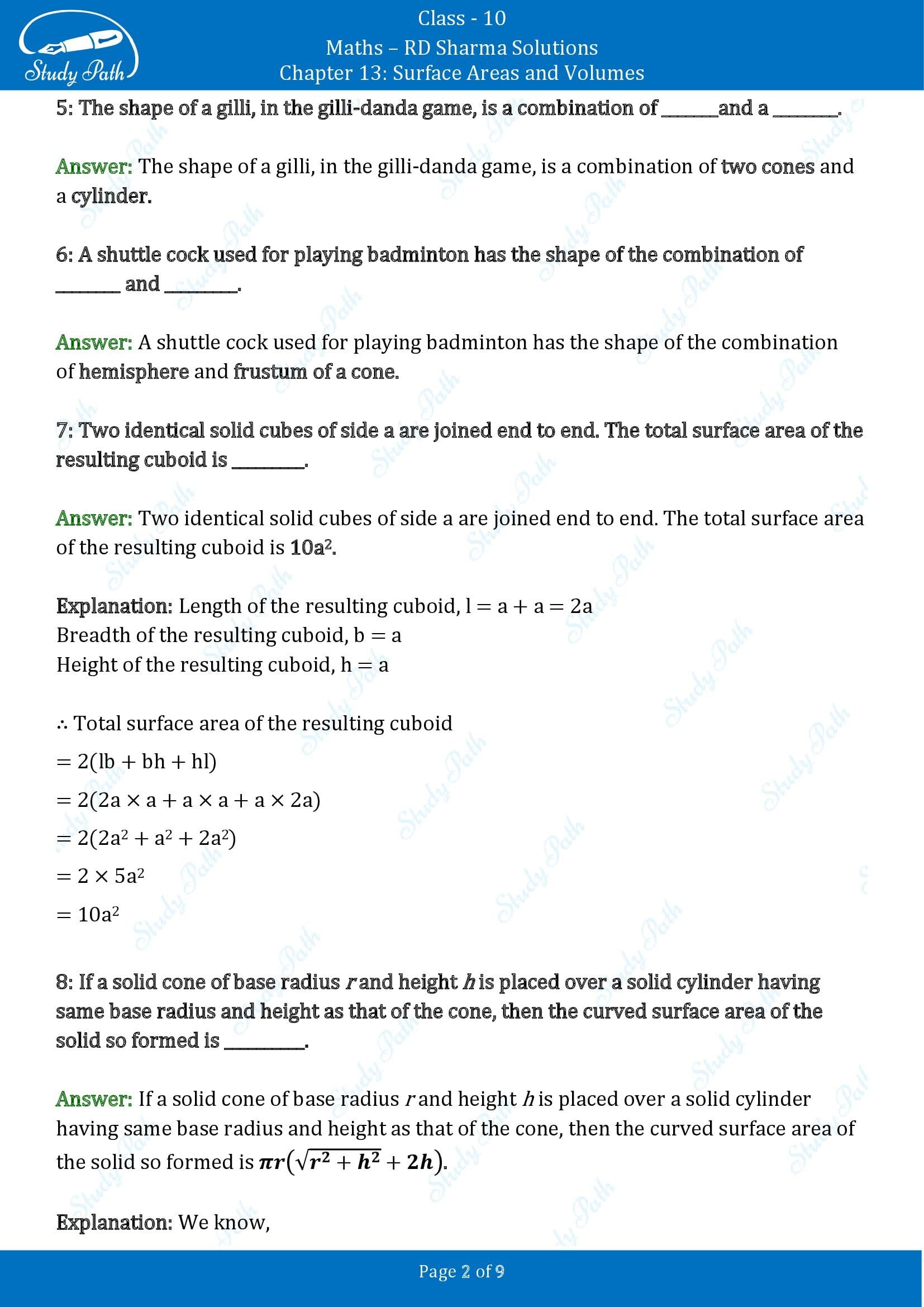 RD Sharma Solutions Class 10 Chapter 13 Surface Areas and Volumes Fill in the Blank Type Questions FBQs 00002