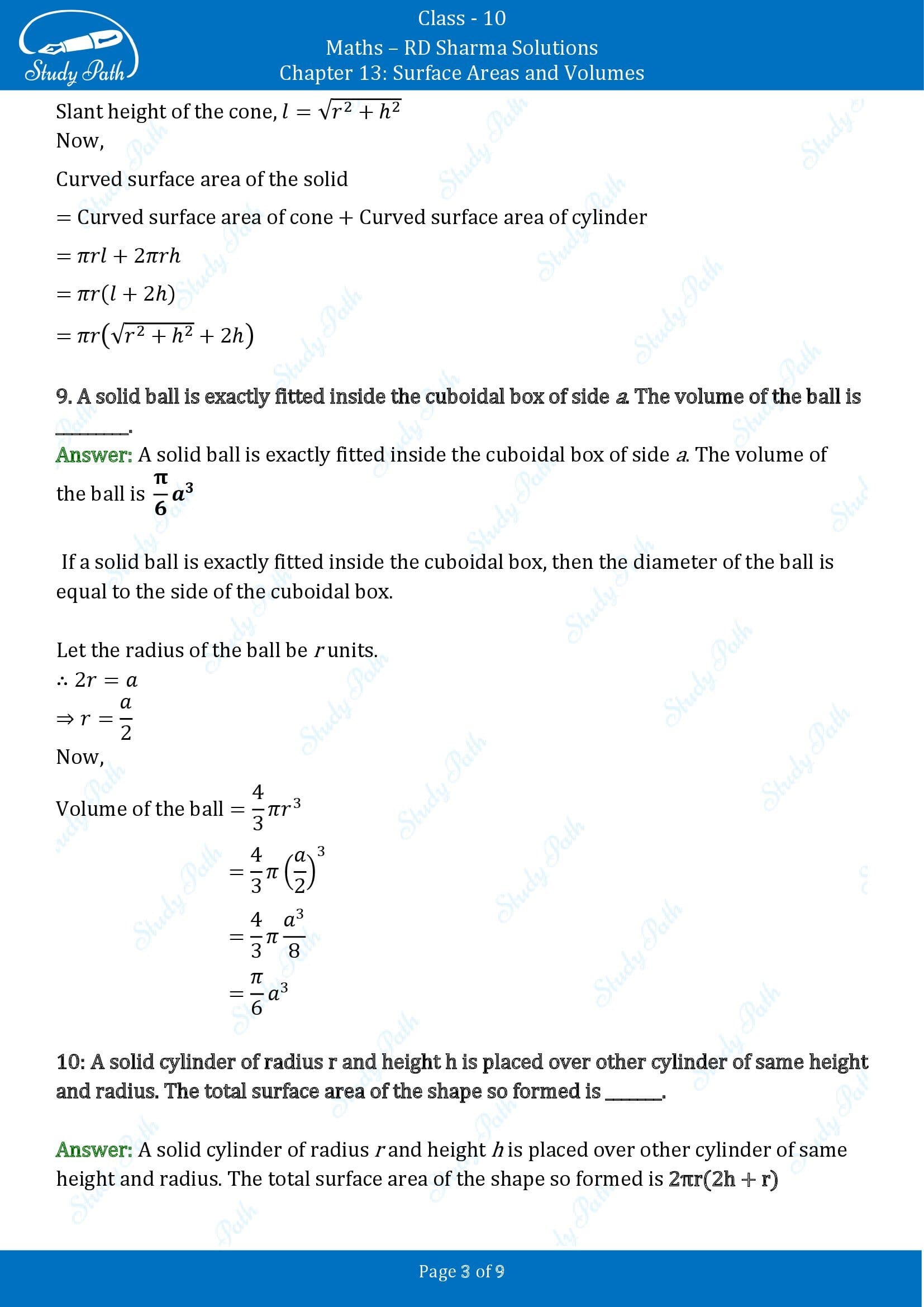 RD Sharma Solutions Class 10 Chapter 13 Surface Areas and Volumes Fill in the Blank Type Questions FBQs 00003