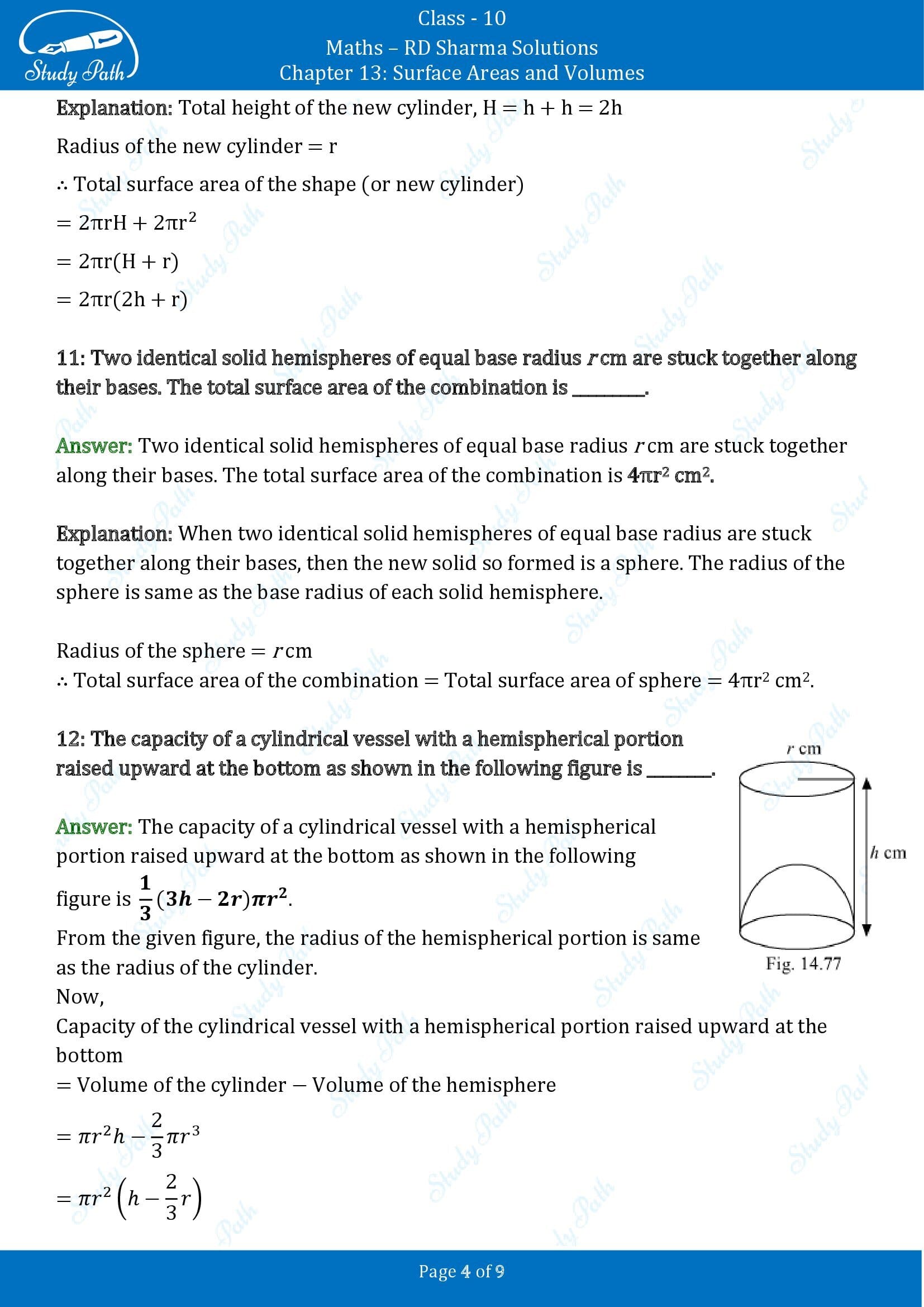 RD Sharma Solutions Class 10 Chapter 13 Surface Areas and Volumes Fill in the Blank Type Questions FBQs 00004