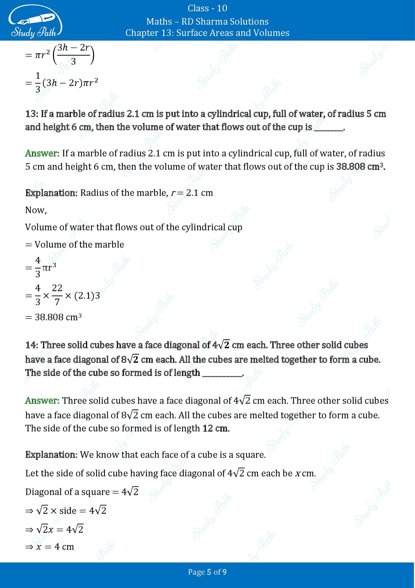 RD Sharma Solutions Class 10 Chapter 13 Surface Areas and Volumes Fill in the Blank Type Questions FBQs 00005