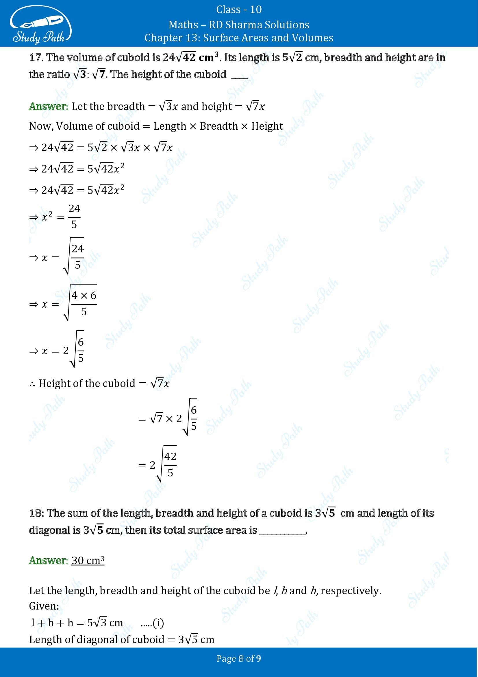 RD Sharma Solutions Class 10 Chapter 13 Surface Areas and Volumes Fill in the Blank Type Questions FBQs 00008