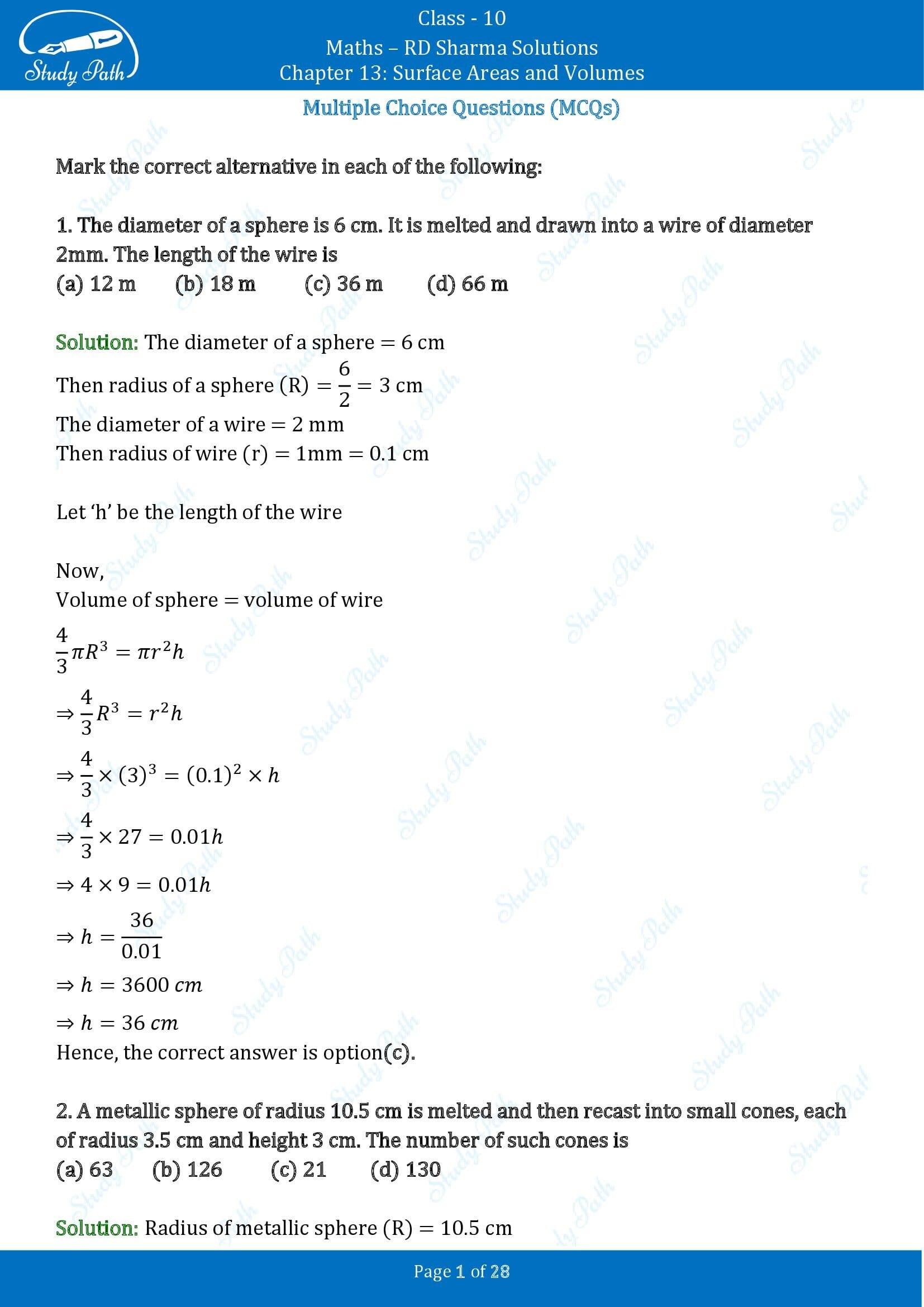 RD Sharma Solutions Class 10 Chapter 13 Surface Areas and Volumes Multiple Choice Questions MCQs 00001