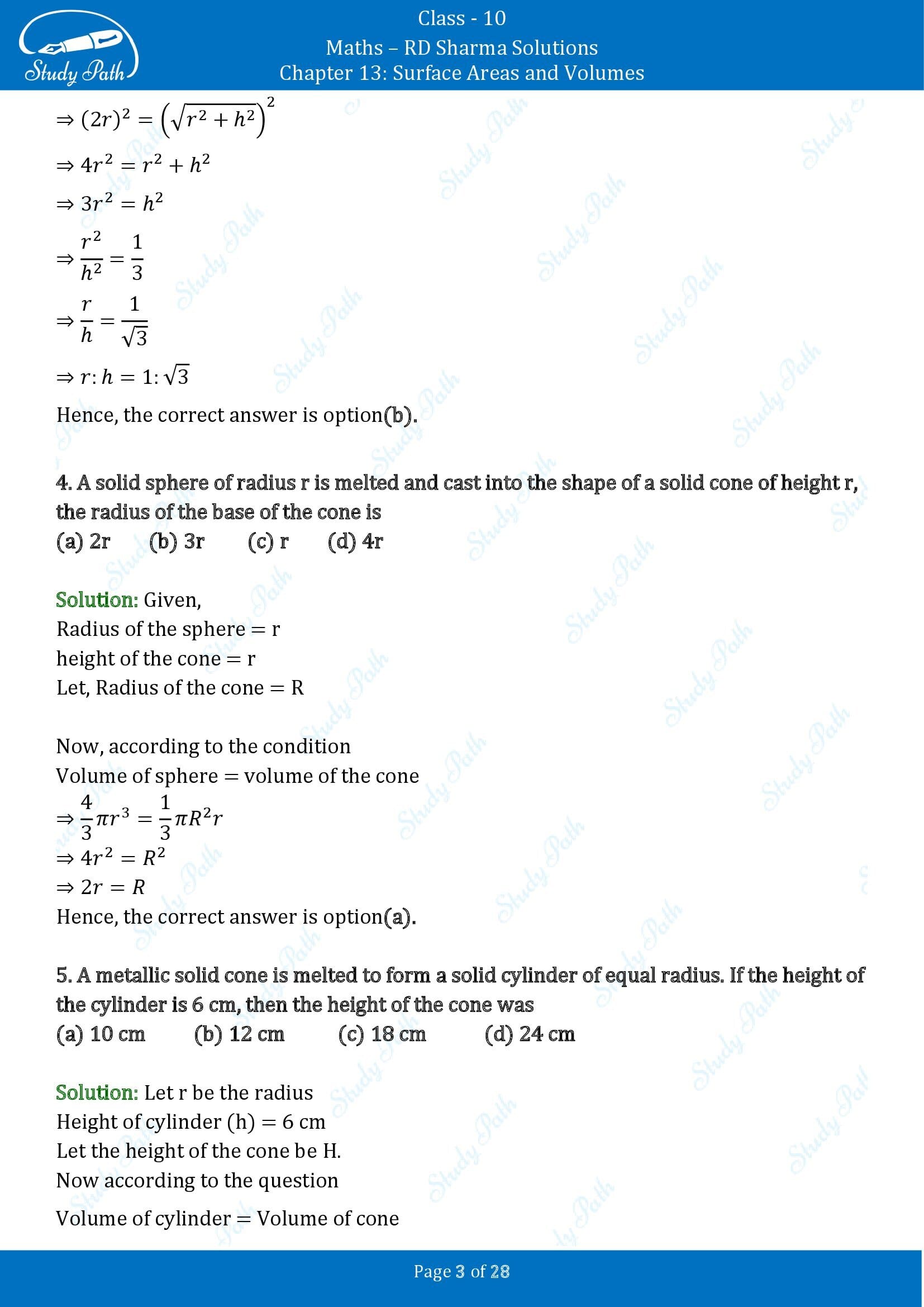 RD Sharma Solutions Class 10 Chapter 13 Surface Areas and Volumes Multiple Choice Questions MCQs 00003