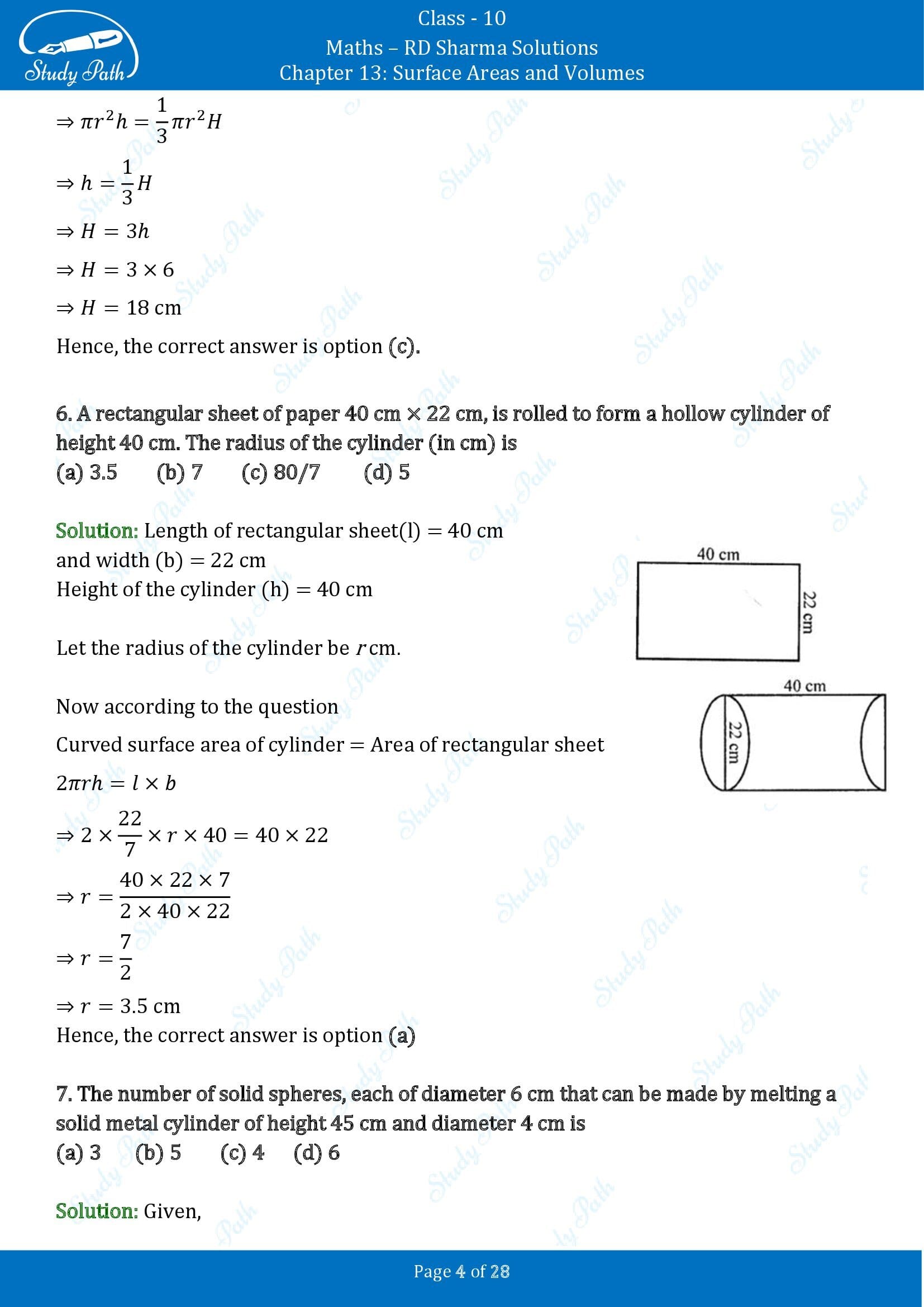 RD Sharma Solutions Class 10 Chapter 13 Surface Areas and Volumes Multiple Choice Questions MCQs 00004