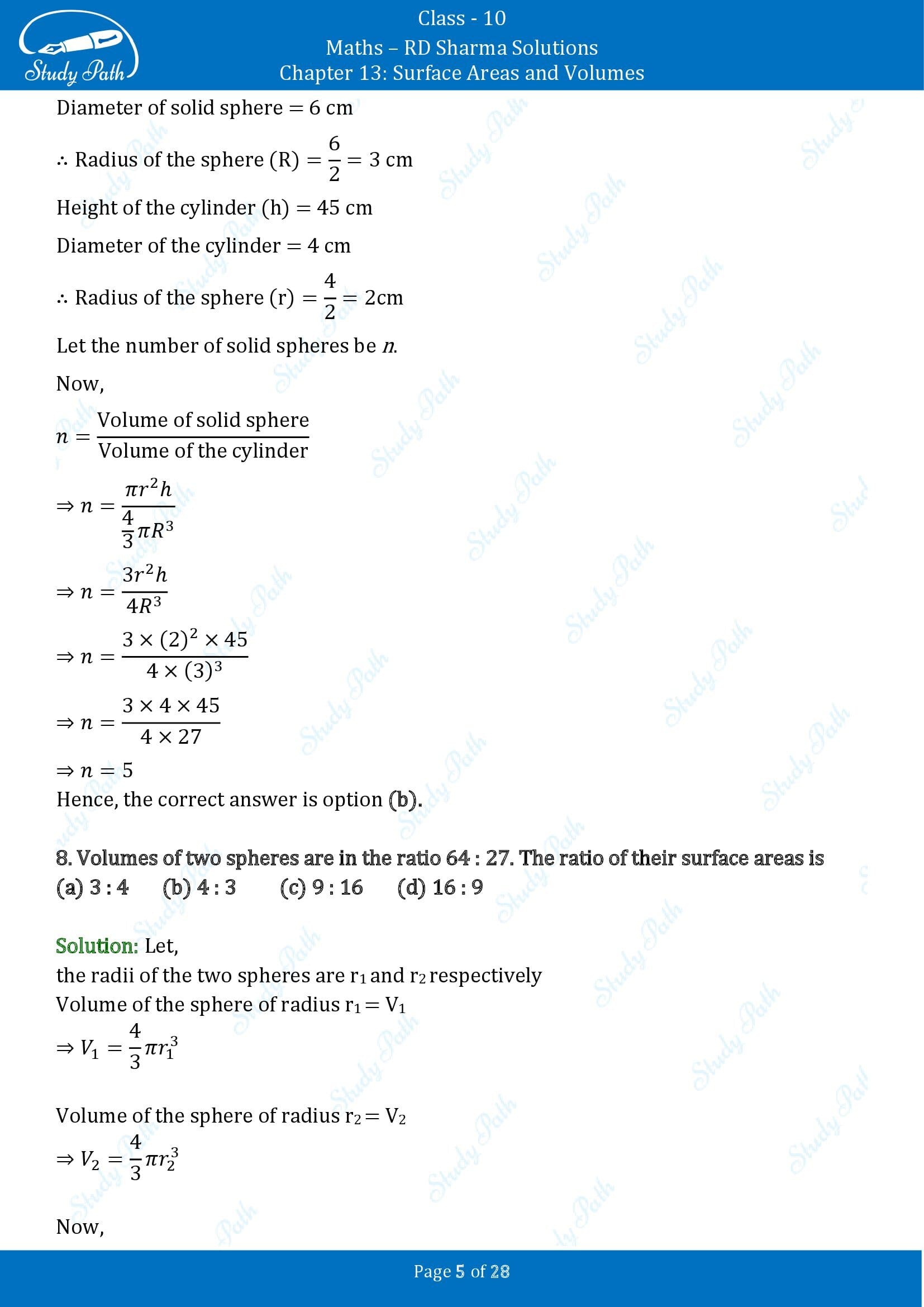 RD Sharma Solutions Class 10 Chapter 13 Surface Areas and Volumes Multiple Choice Questions MCQs 00005