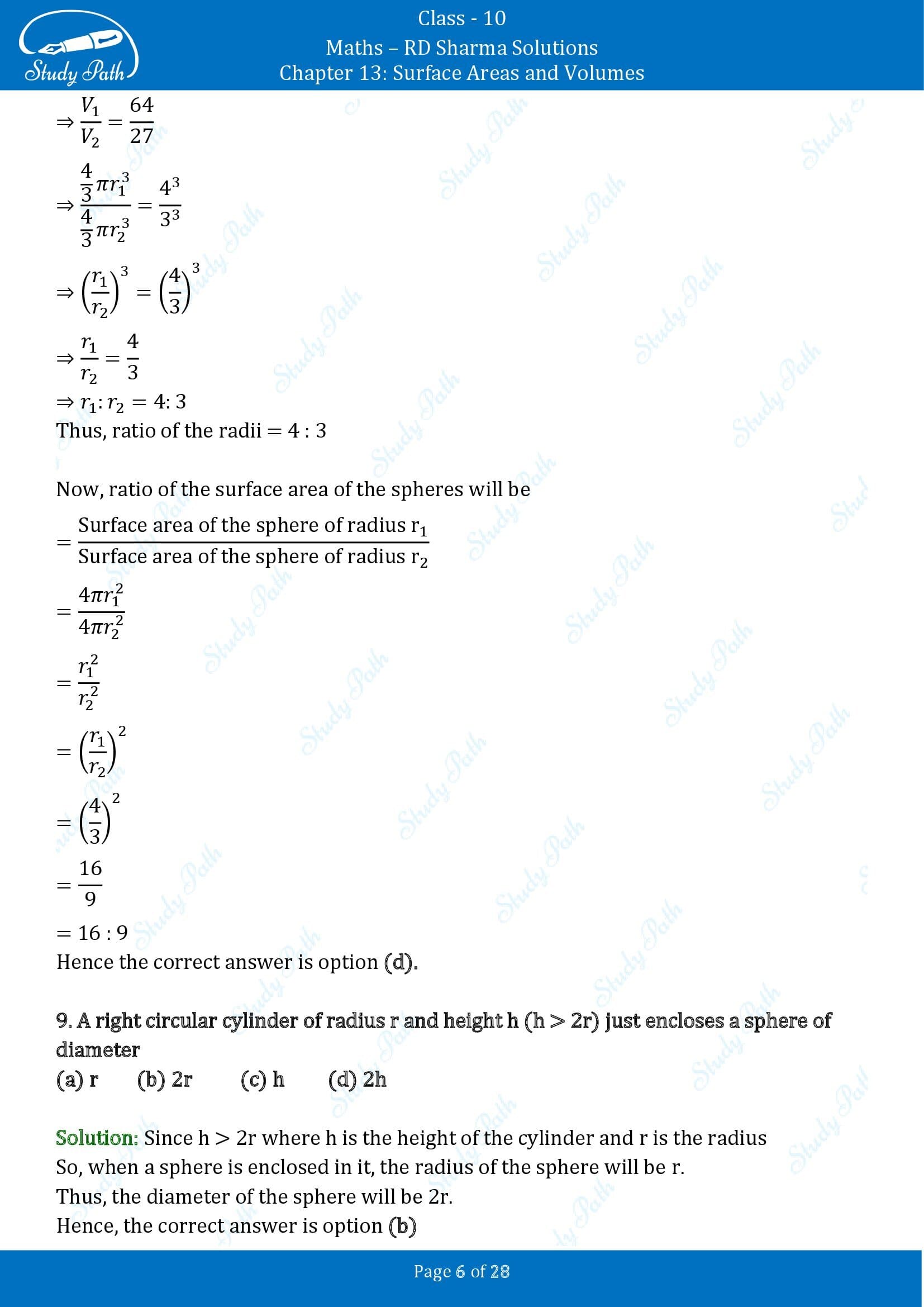 RD Sharma Solutions Class 10 Chapter 13 Surface Areas and Volumes Multiple Choice Questions MCQs 00006