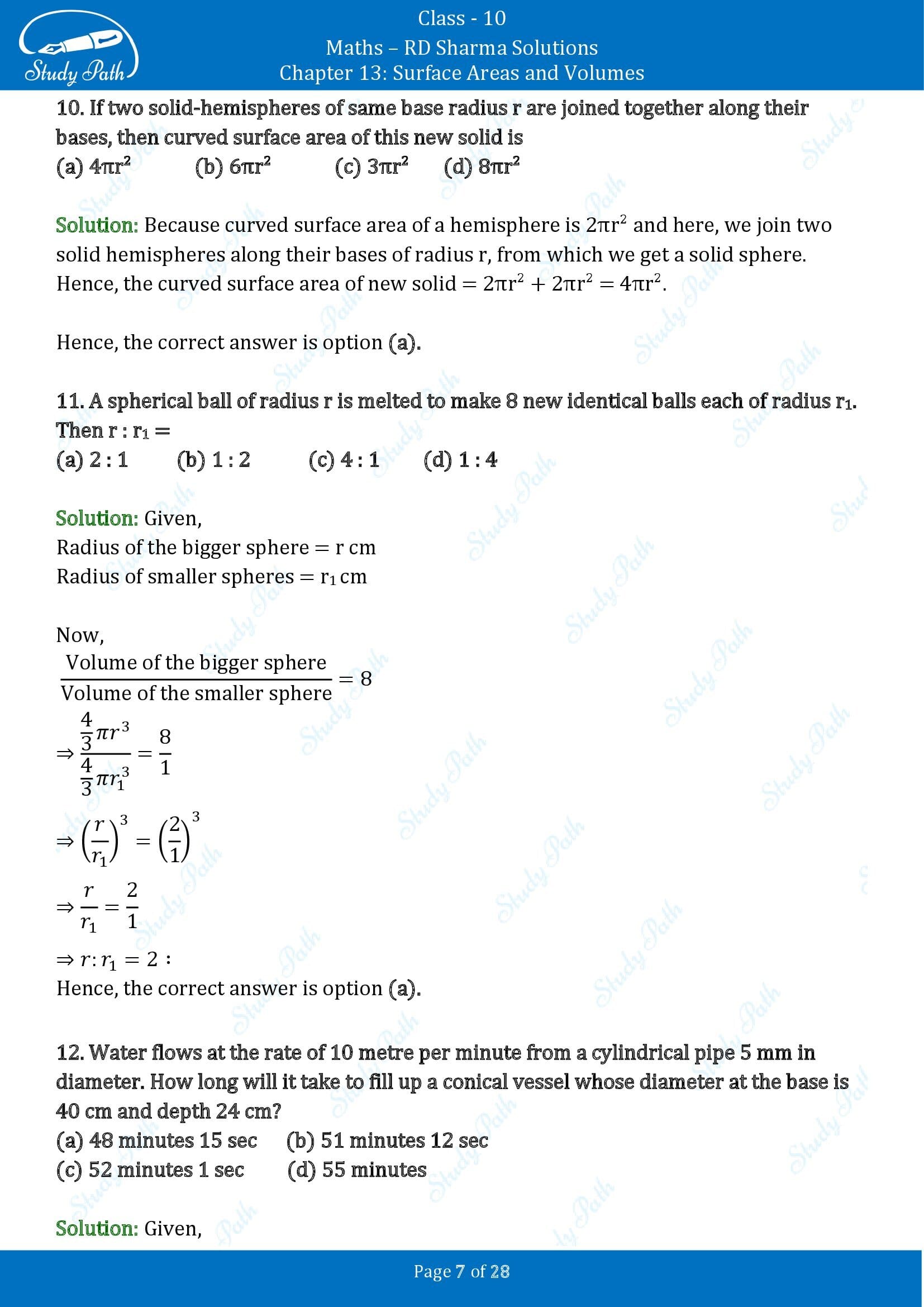 RD Sharma Solutions Class 10 Chapter 13 Surface Areas and Volumes Multiple Choice Questions MCQs 00007