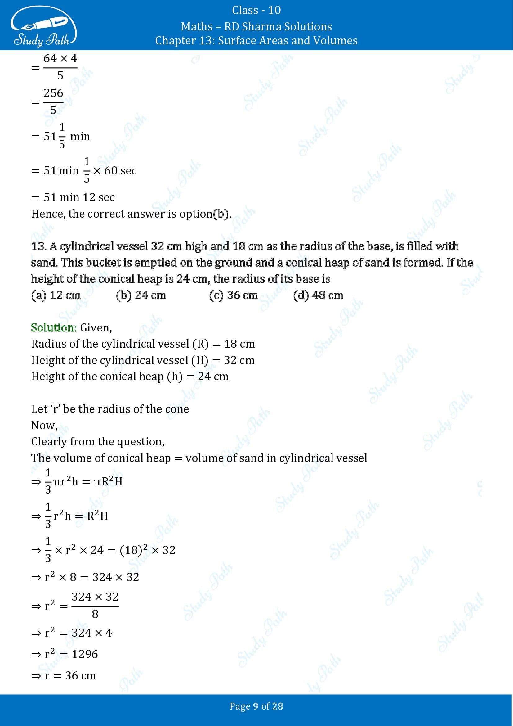 RD Sharma Solutions Class 10 Chapter 13 Surface Areas and Volumes Multiple Choice Questions MCQs 00009