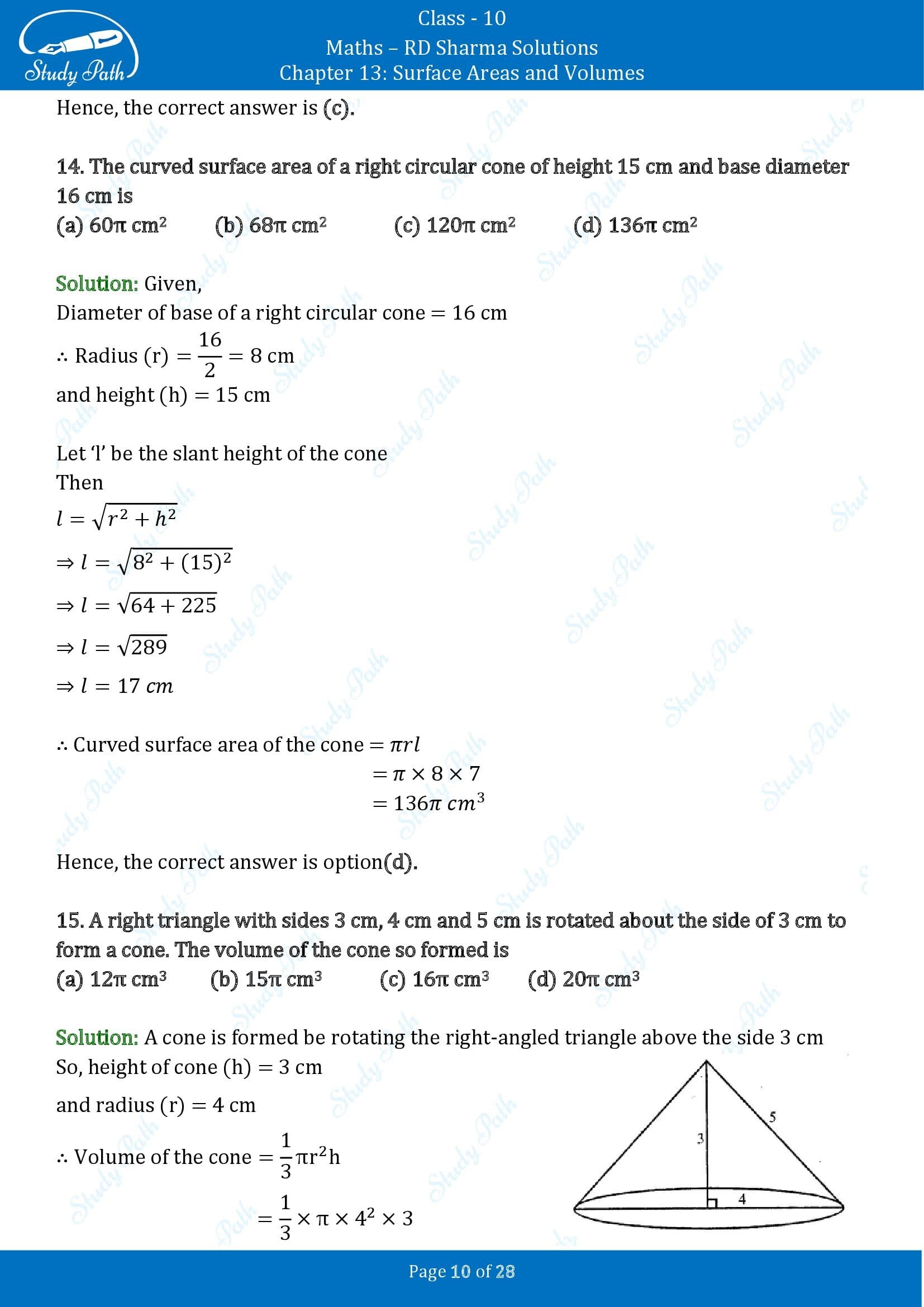 RD Sharma Solutions Class 10 Chapter 13 Surface Areas and Volumes Multiple Choice Questions MCQs 00010