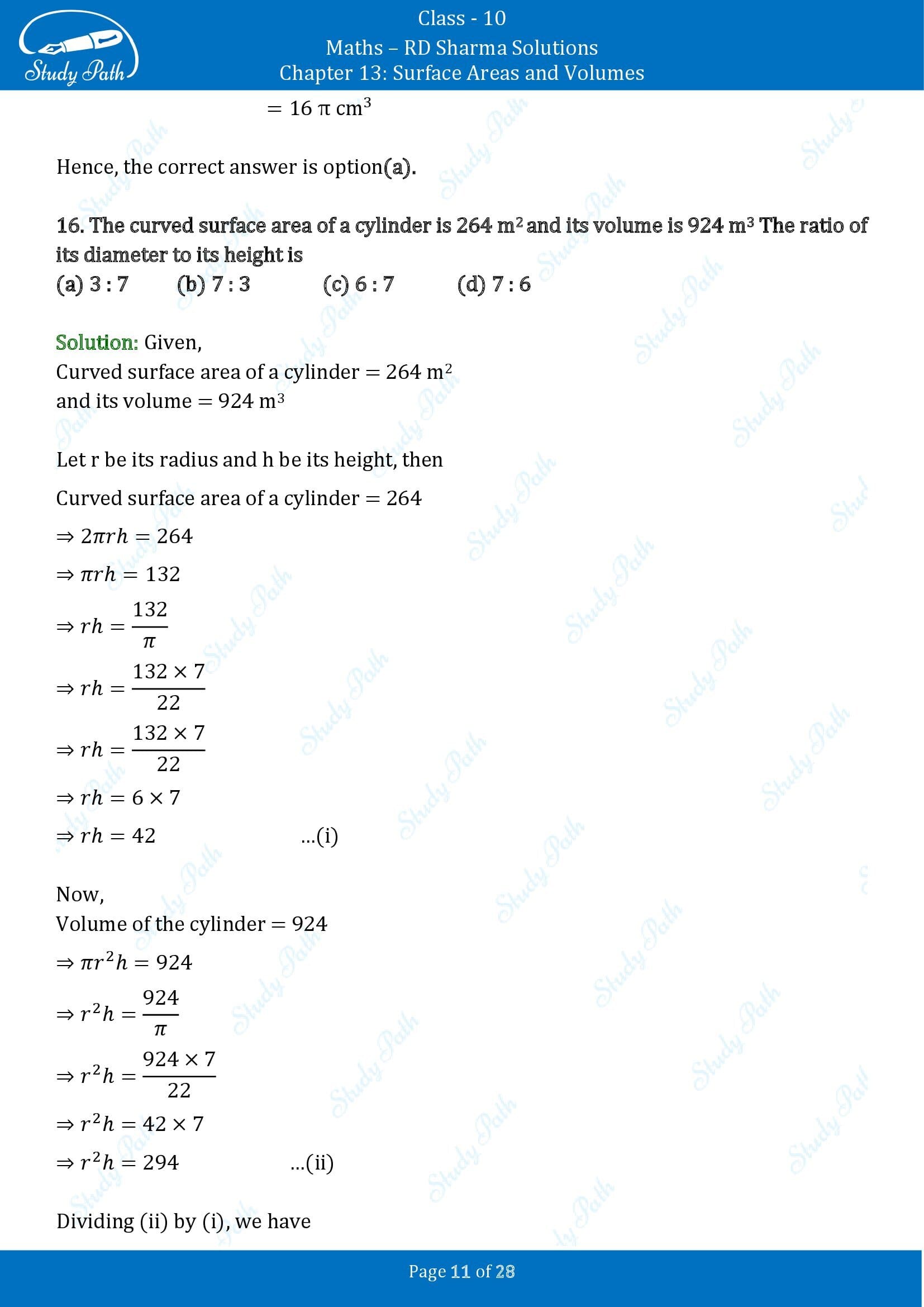 RD Sharma Solutions Class 10 Chapter 13 Surface Areas and Volumes Multiple Choice Questions MCQs 00011