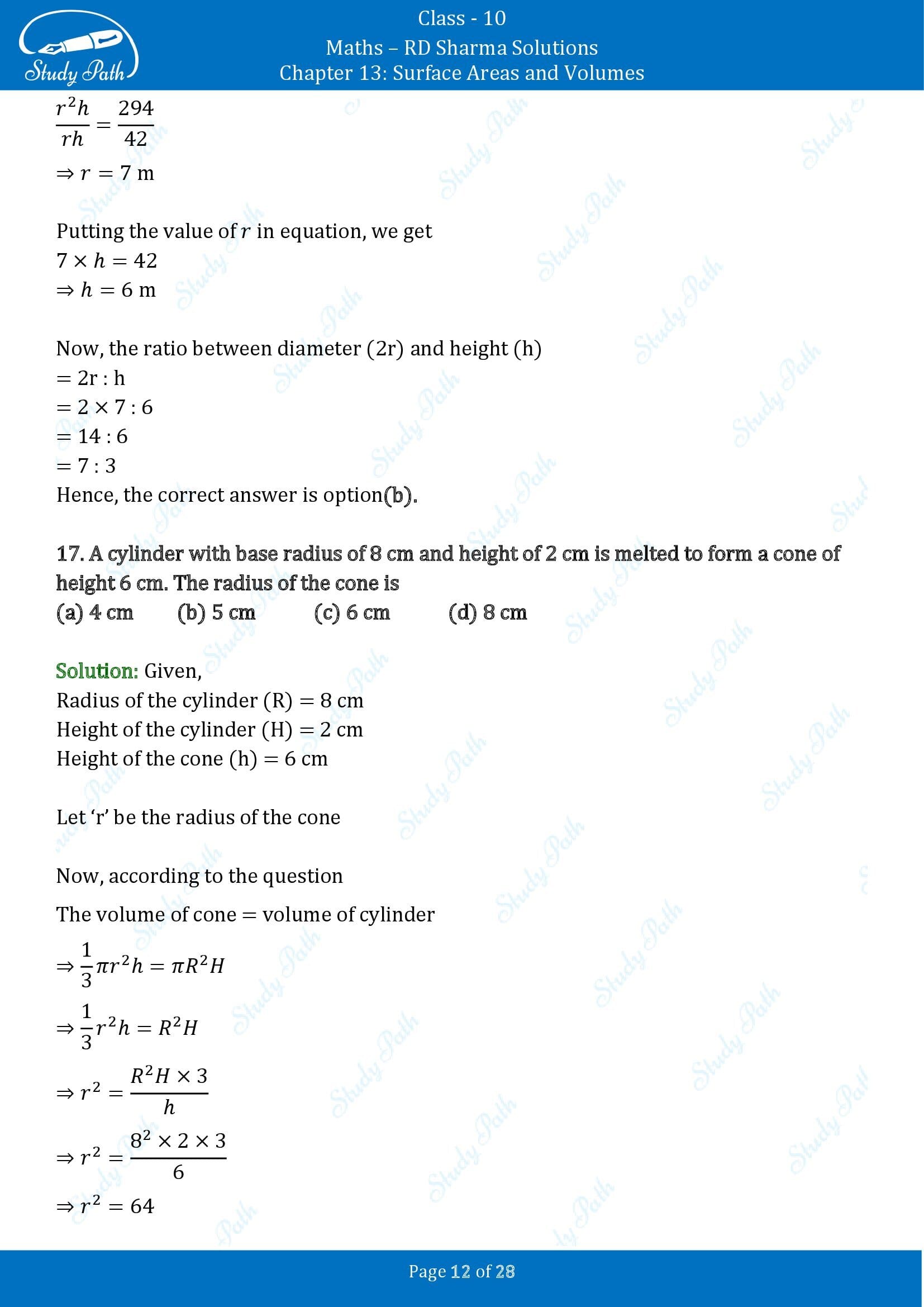 RD Sharma Solutions Class 10 Chapter 13 Surface Areas and Volumes Multiple Choice Questions MCQs 00012